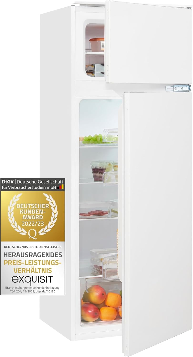 Exquisit Einbaukühlschrank mit Gefrierfach EKGC265-40-040E | Einbau Kühl-Gefrierkombination 145 cm | 205 l | Schlepptür | Inverter | Weiß | LED