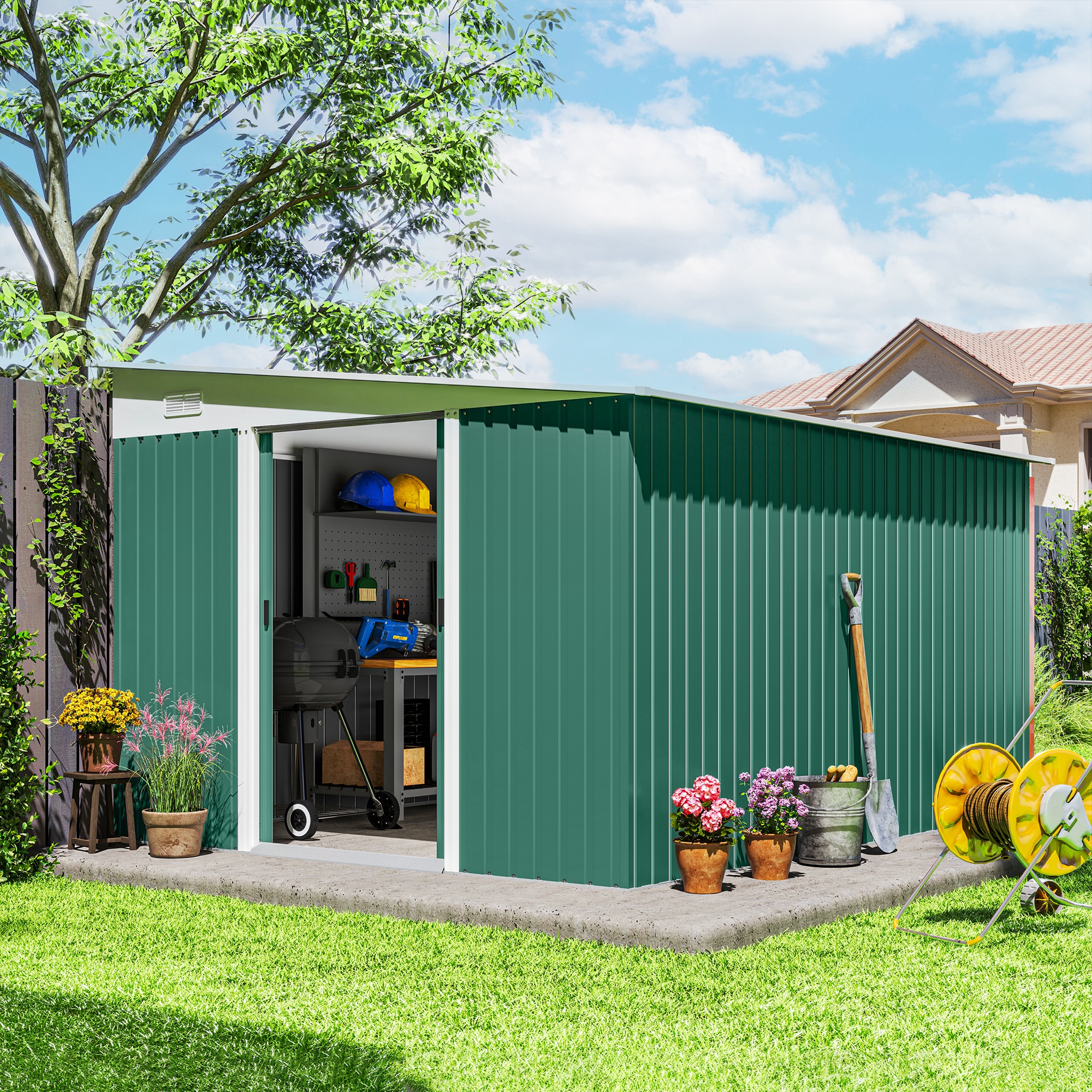 Metalen Tuinschuur Schuin Dak Afsluitbare Dubbele Deur 2,8 x 3,45 x 2,01m Groen