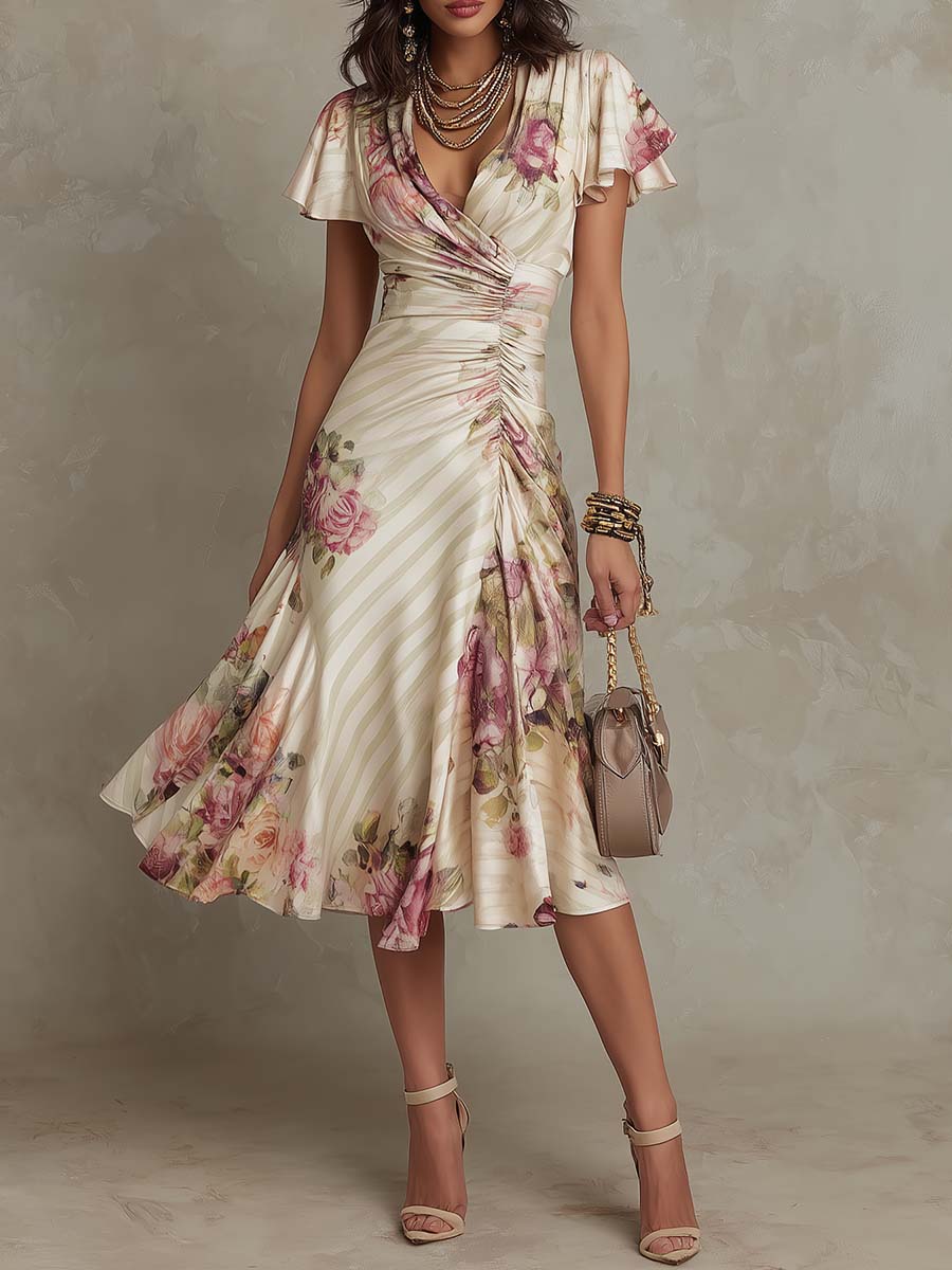 Midi-Kleid mit Blumenmuster f��r Hochzeitsg?ste | Wickeloptik mit V-Ausschnitt und leichten Flatter?rmeln | A-Linien Schnitt