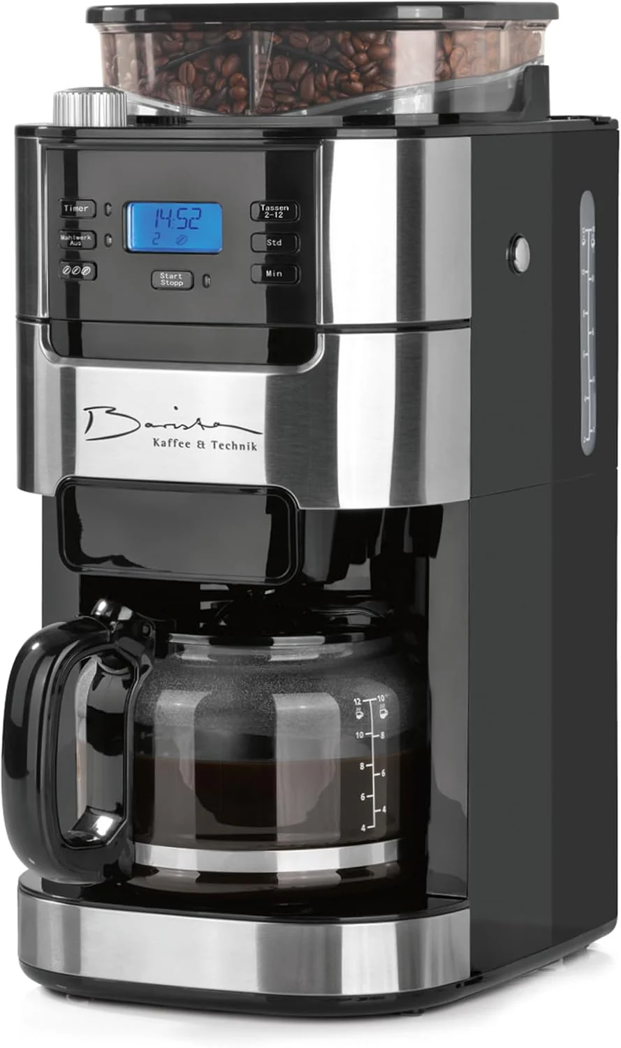 Barista filterkoffiezetapparaat met verstelbare molen & thermoskan | Warmhoudfunctie, 24-uurs timer & permanent filter | Voor 10 koppen koffie | Koffiezetapparaat voor bonen & poeder [roestvrij staal]