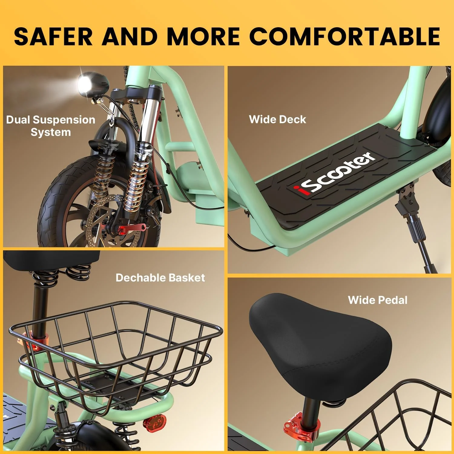 iScooter electric scooter with seat, 37/21 mile range, 28/19/15.6 mph top speed, dual suspension scooter with basket