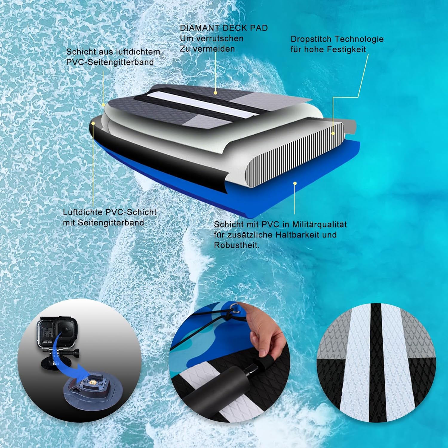 Inflatable Paddle Board with Kayak Seat, 330 x 76 x 15 cm, up to 150 kg, Integrated Pad, Detachable Fin, Double Adjustable Paddle, Repair Kit, Blue Camouflage