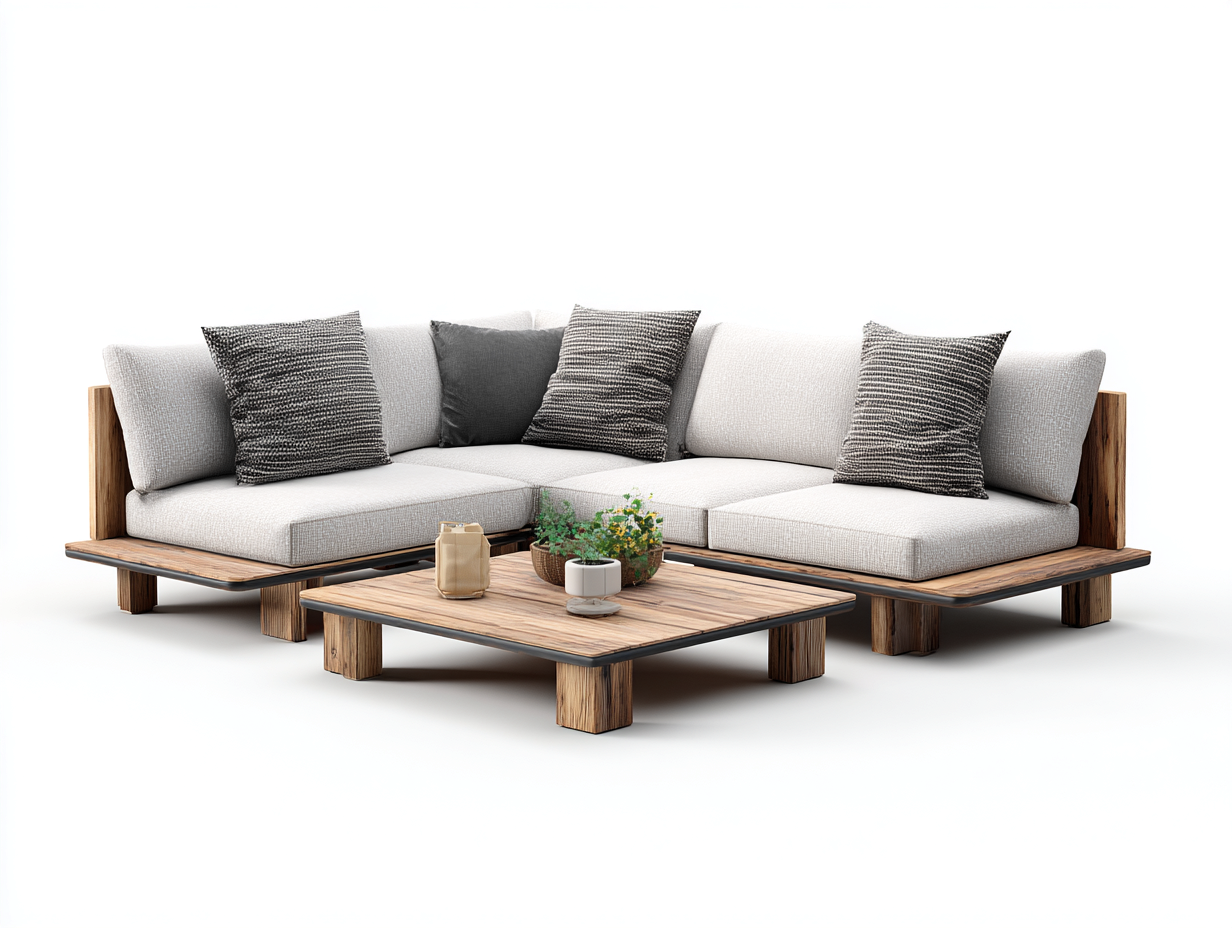 Gartensofa Set Holz und Stoff 220x160x70 cm - Natur-Beige - Modernes Lounge Design mit Couchtisch für Garten und Terrasse