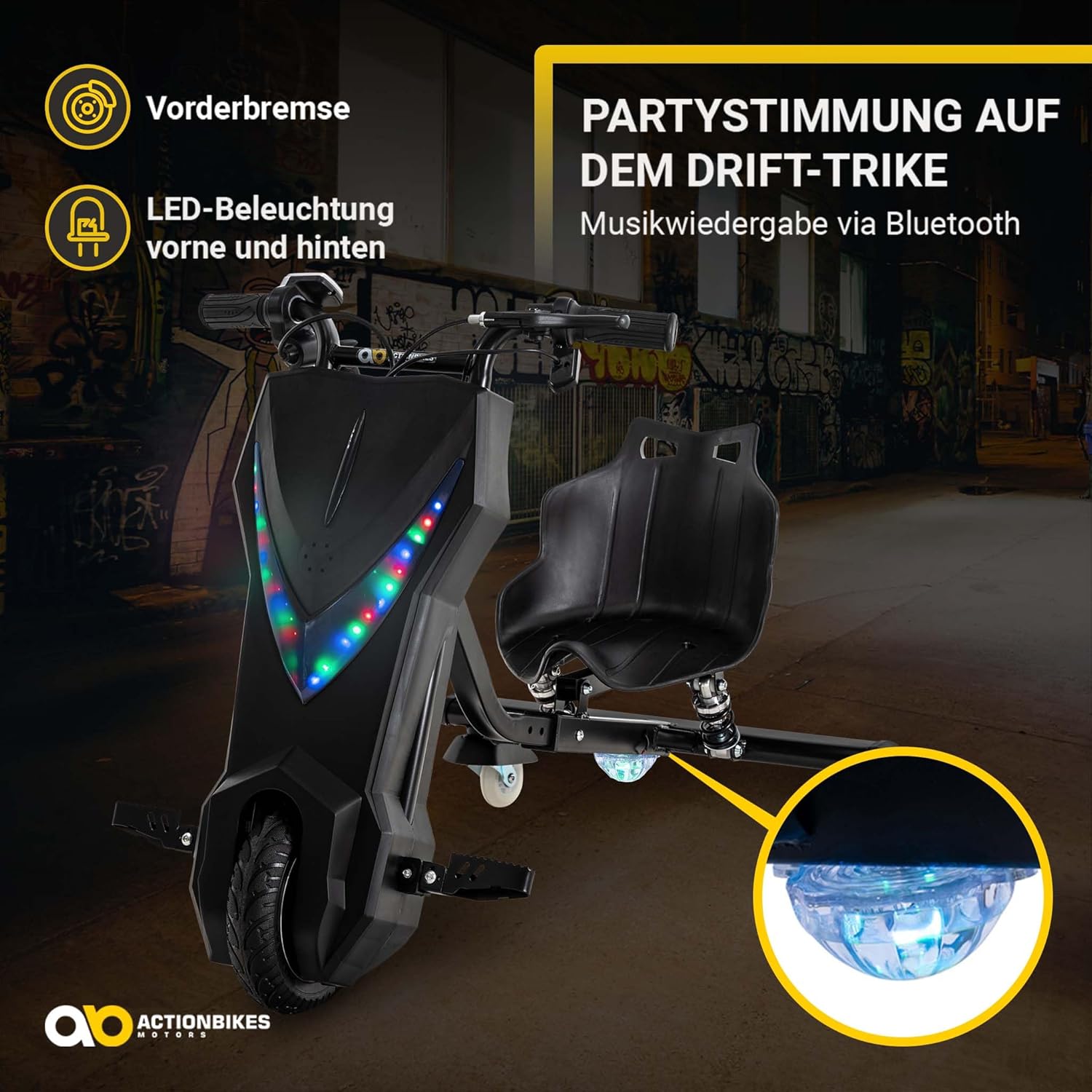 Actionbikes Motors Kinder Elektro Driftscooter | 𝟐𝟓𝟎 Watt Motor - Drift Cart 360°- 3 Geschwindigkeitsstufen - LED-Beleuchtung - Sitz verstellbar - Bluetooth - Drift Kart - Drift Auto (Space Purple)