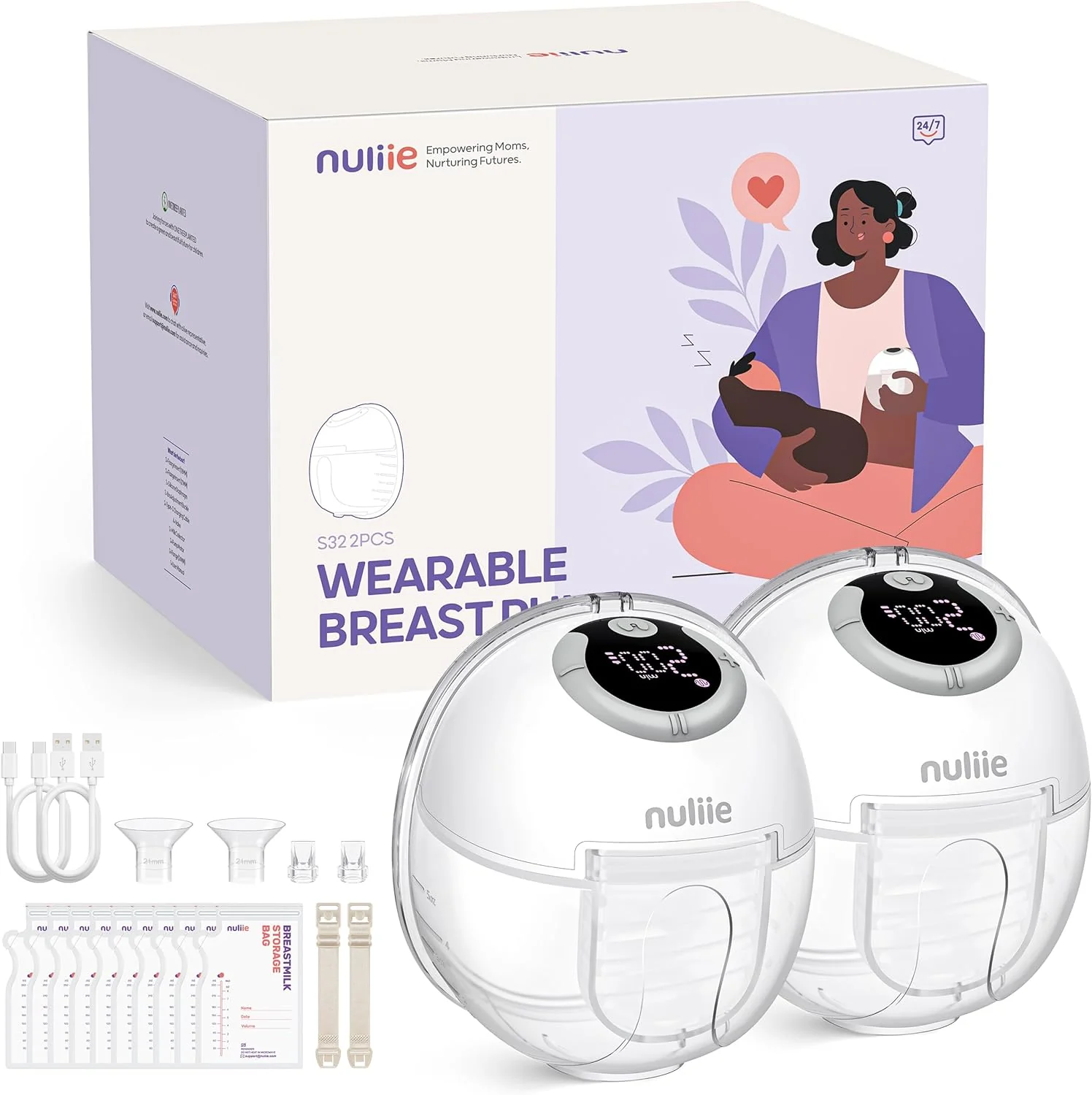Nuliie Elektrische Borstkolf Draagbare S32, Handsfree Elektrische Borstkolf 4 Modi 9 Niveaus met 18/21/24 mm comfortabele flens, discreet, met reserveonderdelen inbegrepen (2 stuks, wit)