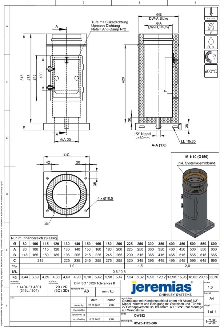 Jeremias DW-FU Ø 130 mm Revisionselement Design Plus Edelstahl mit Grundplatte Kondensatablauf Innenbereich bis 600°C