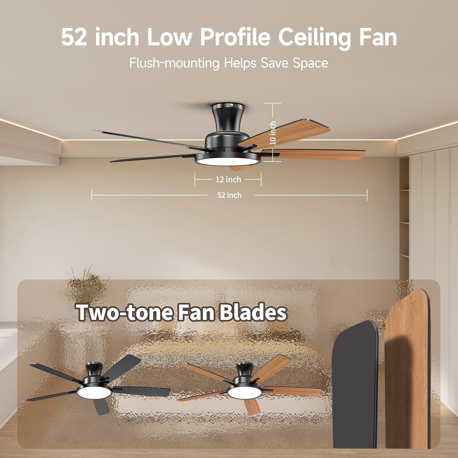Taloya Deckenventilator mit Beleuchtung und Fernbedienung, 132 cm, Schwarz, Leise DC Motor, LED Lampe Dimmbar 3000-6500K, Nachtlicht, 6 Geschwindigkeiten, Sommer Winterbetrieb für Wohn-/Schlafzimmer