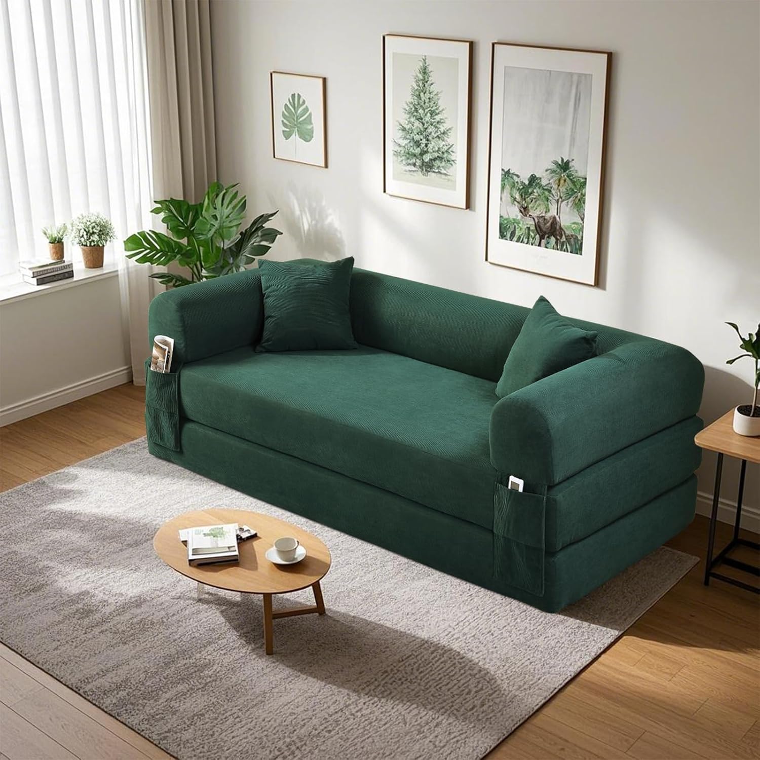 BMMB Bodensofa mit Schlaffunktion, 203cm 3-sitzer Boneless Couch Sofa, Klappbar Schlafsofa Schlafsessel Bed mit 2 Kissen, Moderne Klappsofa Sofabett für Wohnzimmer Schlafzimmer (Dunkelgrün, 8025)