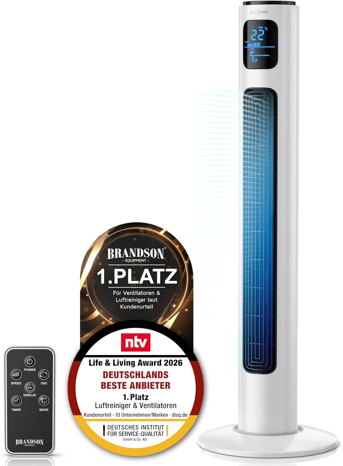 Brandson - Turmventilator mit Fernbedienung 96 cm - Preisträger 2026 - mobiler Lüfter leise - Standventilator mit Oszilation - 3 Geschwindigkeiten 3 Modi - Timer - Ventilator - GS - Perlweiß
