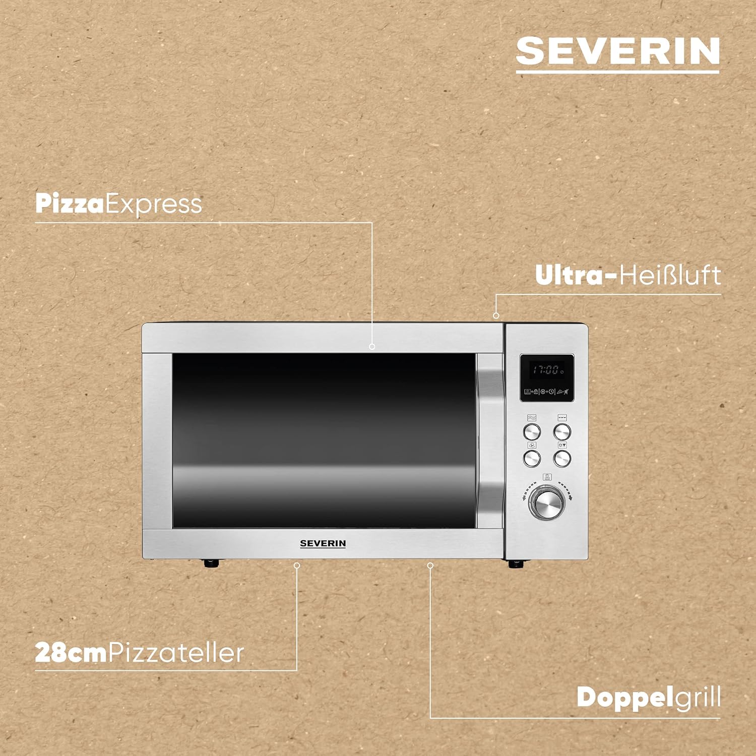 SEVERIN Mikrowelle mit Grill und Heißluftfunktion 3-in-1, zum Auftauen, Garen und Erhitzen, Mikrowelle mit Drehteller, Edelstahl-gebürstet/silber, MW 7774
