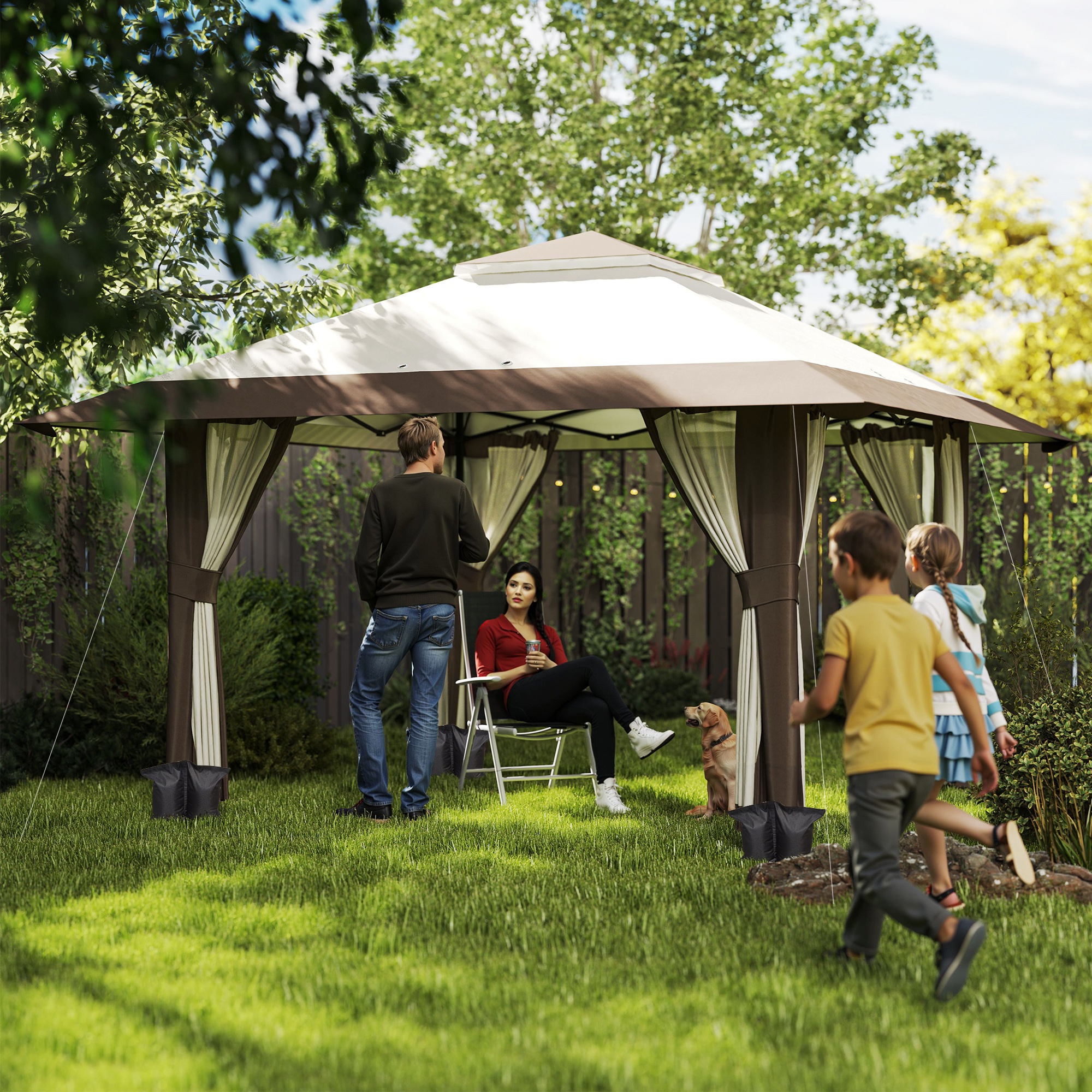Outsunny 4 x 4 m Tuin Paviljoen, Tuinent met Netwanden, UPF50+ Bescherming, Hoogteverstelbare Partytent, Beige
