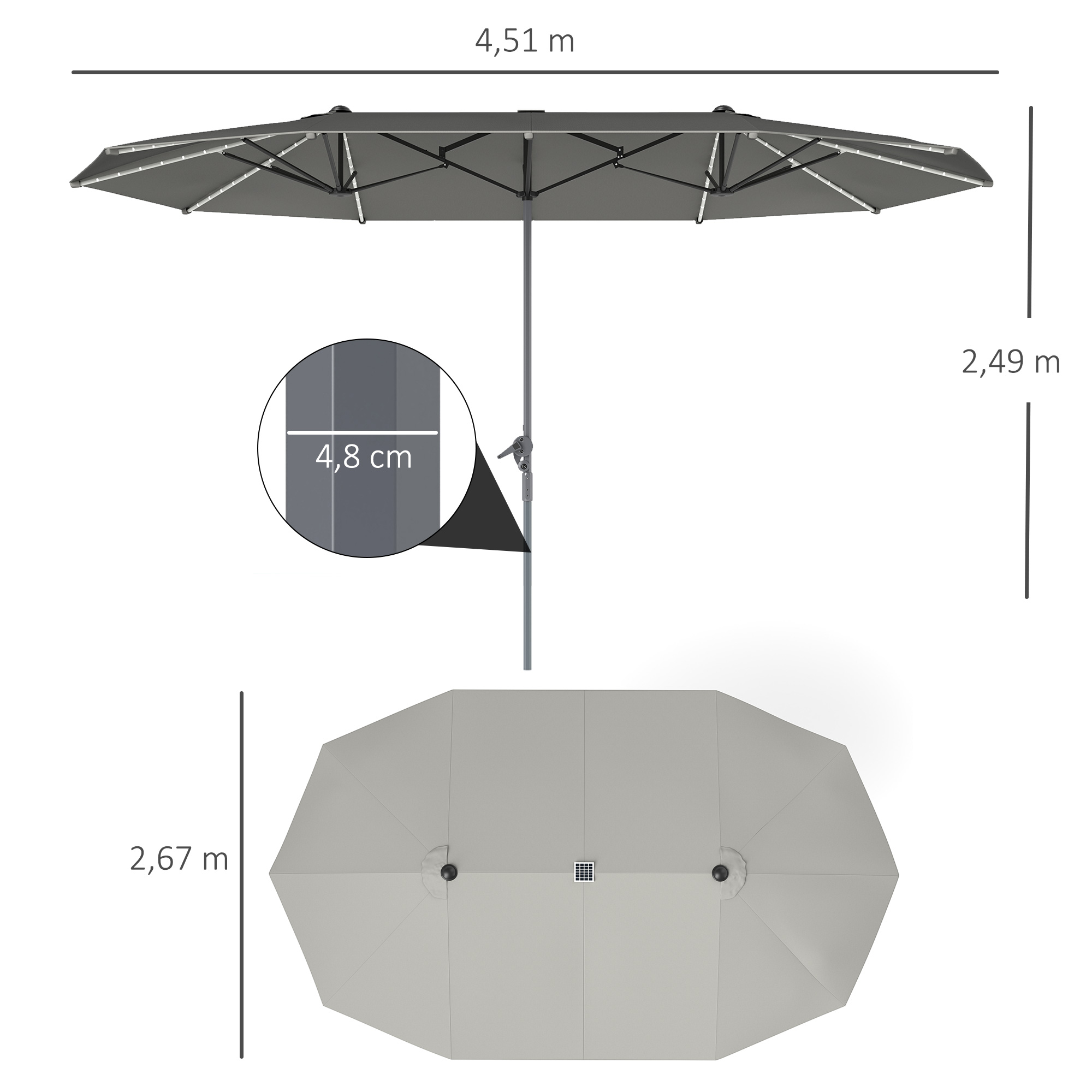 Dubbele Parasol met Zonne-energie Verlichting, Aluminium, Polyester, UPF50+ Bescherming, UV-bestendig, Terras Parasol, Donkergrijs