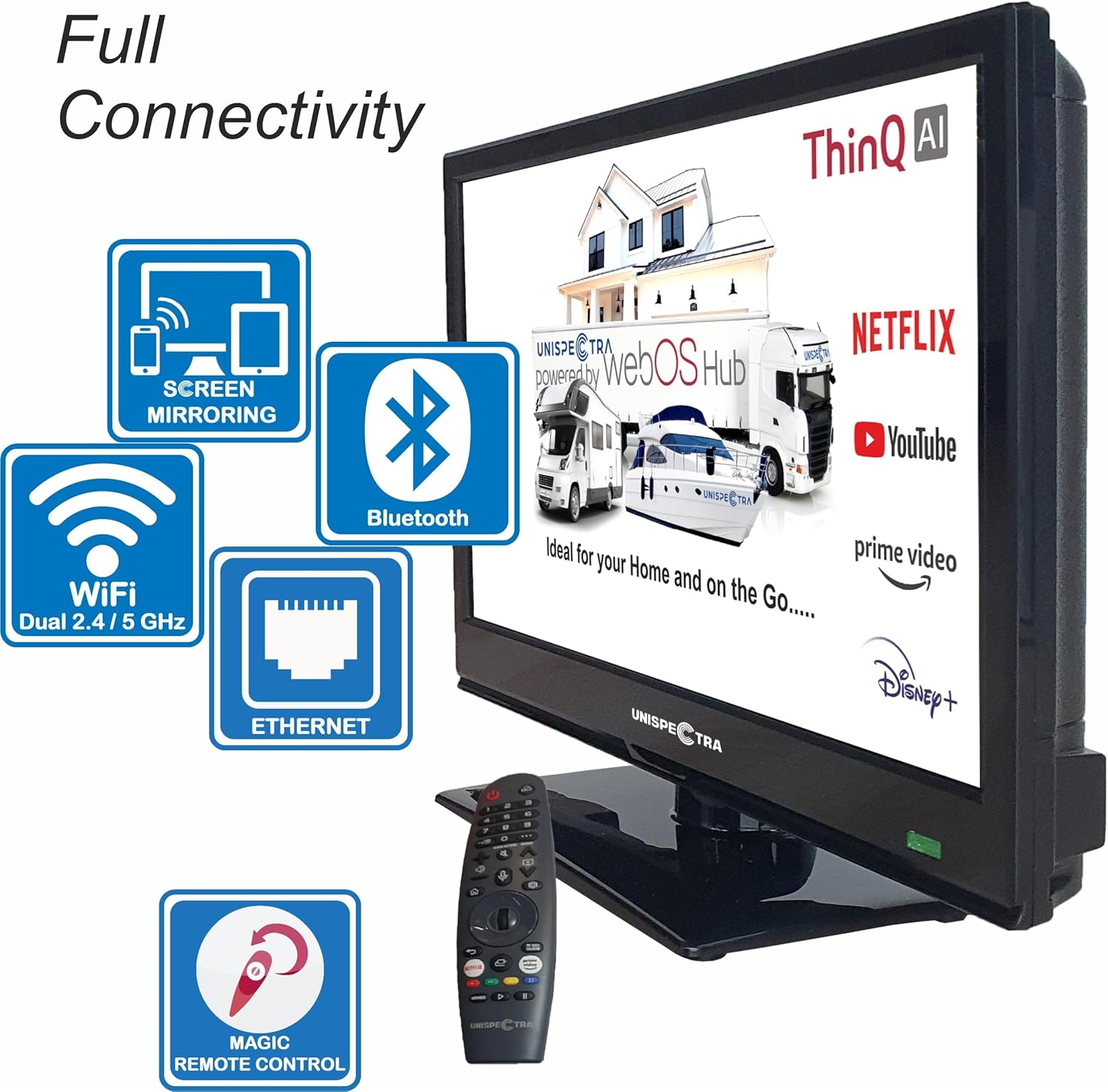 Unispectra® 16“ Smart TV (webOS) Full HD 230V 24V Triple Tuner: Sat, Antenne, Kabel TV, 3xHDMI, 2xUSB, Magic Remote. 12V Fernseher für Wohnmobile, Wohnwagen, LKWs, Lieferwagen, Boote