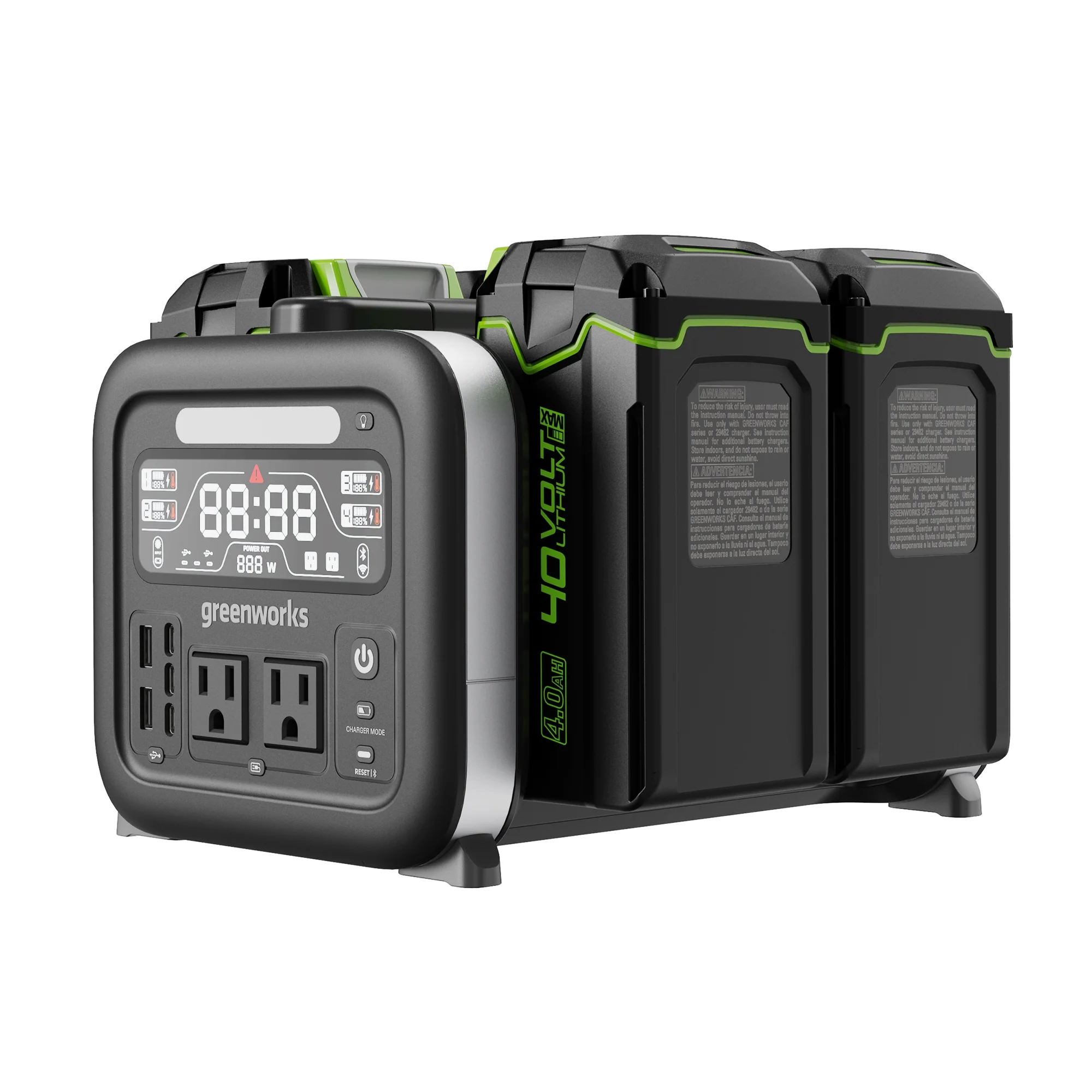 2025 Greenworks 40V 500W Inverter Draagbare Energie Station met 4 Slots, Inclusief (4) 4.0Ah Batterijen en Ingebouwde Oplader