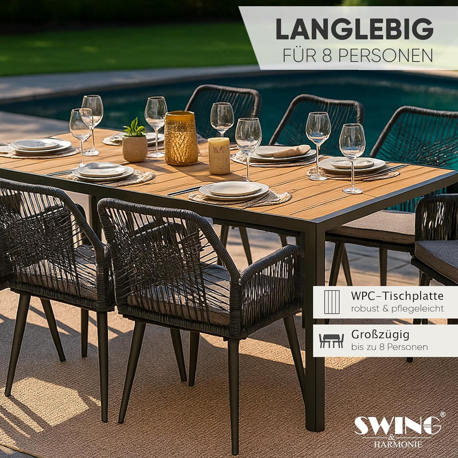 Swing&Harmonie Gartenmöbel Set „Calvani“ – Sitzgruppe mit Stühlen & Esstisch – wetterfest – Seilgeflecht – WPC-Tischplatte – Outdoor Essgruppe – Terrassenmöbel (anthrazit/Holz, 8 Personen)