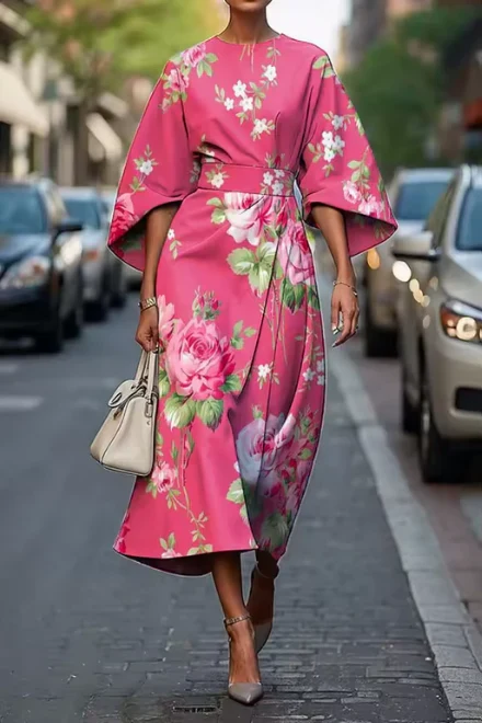Elegantes Midi-Kleid mit Blumenmuster und G��rtel f��r Hochzeitsg?ste