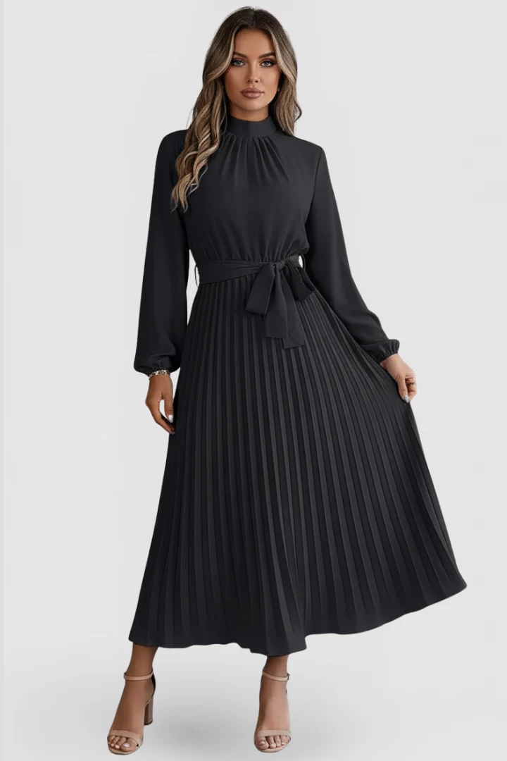 Plissee-Kleid f��r Damen mit Langarm und Bindeg��rtel | Elegantes Midikleid hochgeschlossen mit gerafftem Ausschnitt