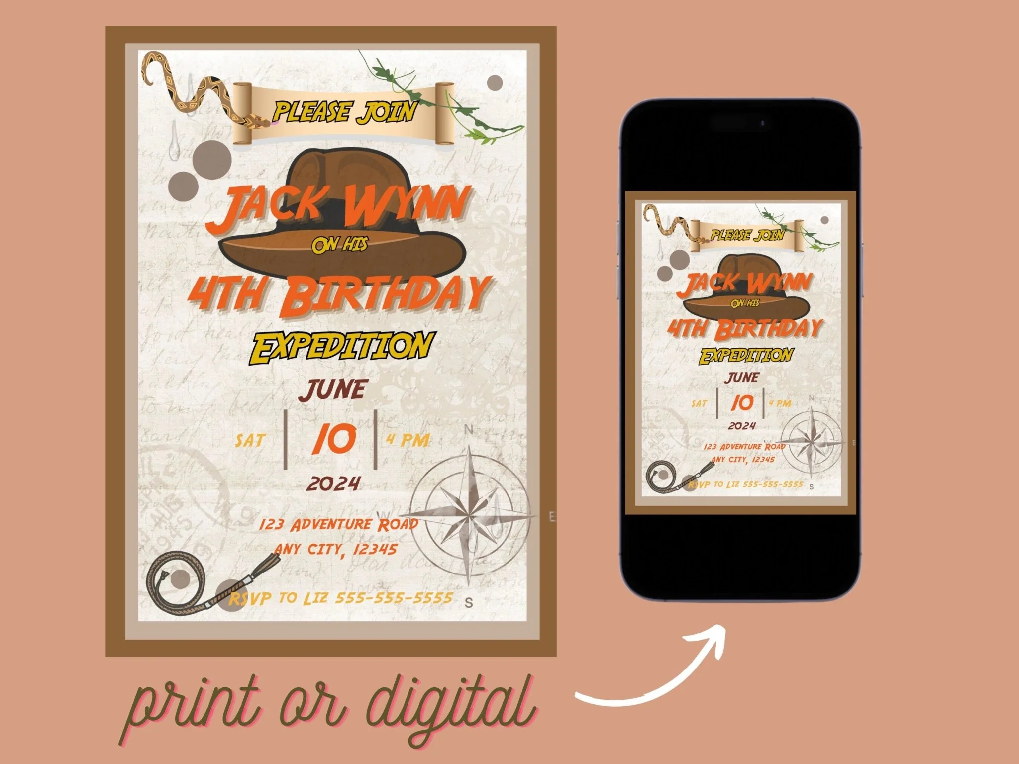 Indiana Jones Birthday Invitation, Adventure Invitation, children's birthday invitation, explorer theme