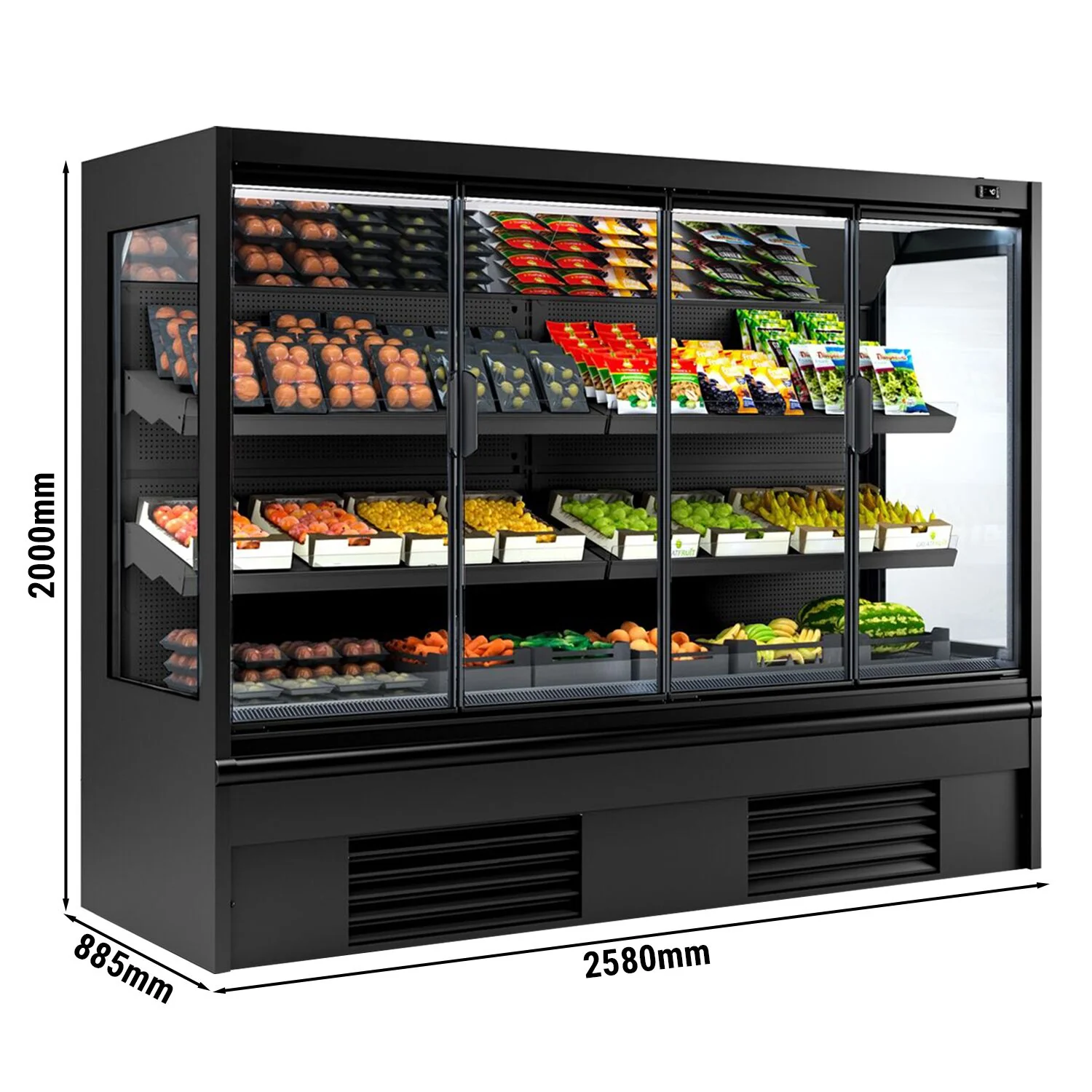 Kjølereol - 2580 mm - 1 408 l - +4 °C til +6 °C - med 4 hengslede glassdører, med dobbelt isolerglass & 2 hyller - svart