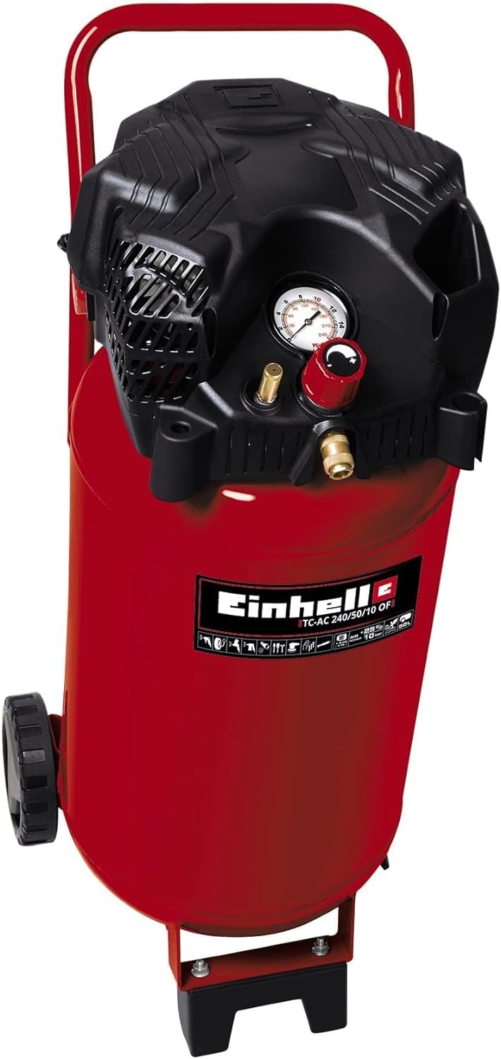 Einhell Kompressor TC-AC 240/50/10 OF (1500 W., max. 10 bar, 50 l-Tank, 240 l/min Ansaugleistung, Motordrehzahl 18000 min-1, Druckminderer, Manometer, ölfrei)