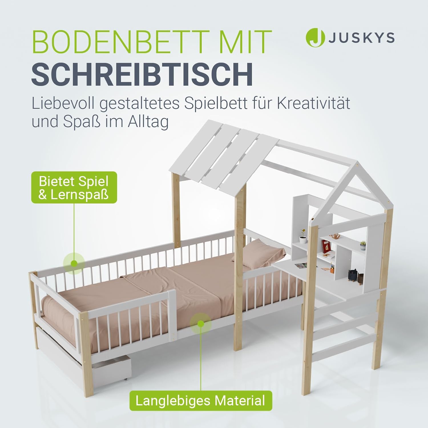 Juskys Kinderbett Yari 90x200 cm - Einzelbett mit Schreibtisch & Schublade, Kiefernholz & Langlebige Materialien, Verspieltes Haus-Design - Weiß/Natur