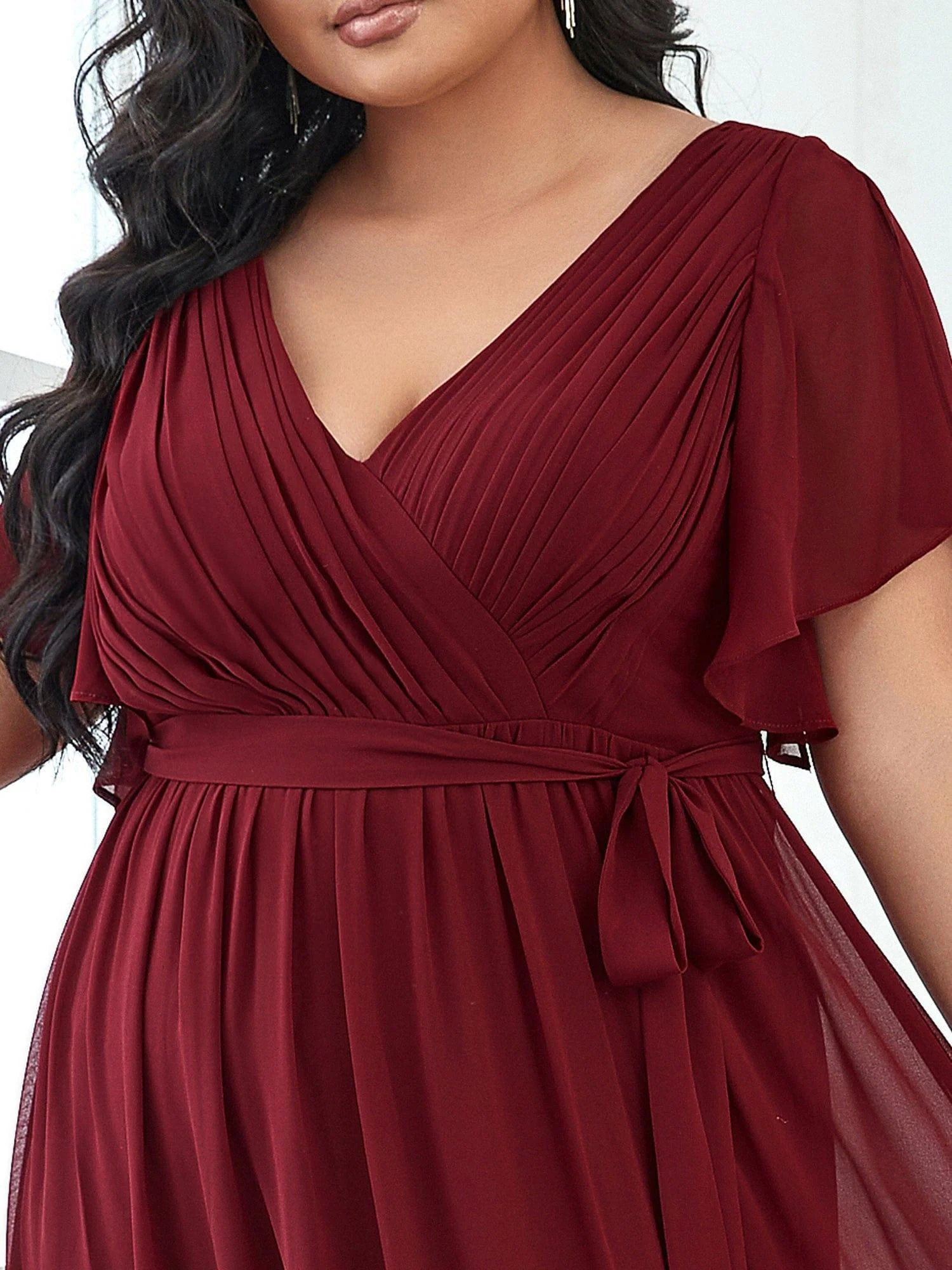 Abendkleid Damen Maxi A-Linie aus Chiffon | Festliches Kleid f��r Hochzeitsg?ste mit V-Ausschnitt und Fl��gel?rmeln