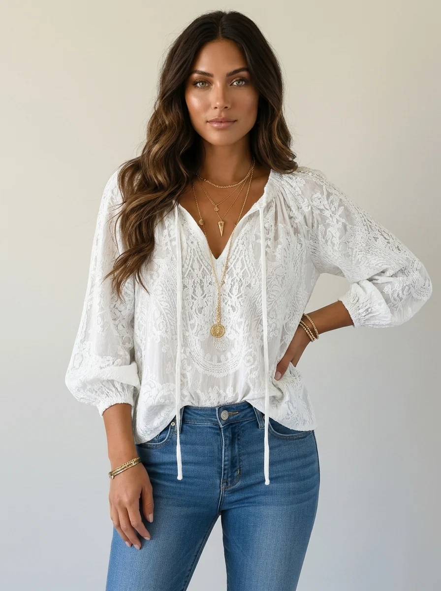 Damenbluse mit Spitze im Boho-Stil | Luftige Sommerbluse locker geschnitten | Feminine Spitzenbluse f��r Freizeit und Urlaub