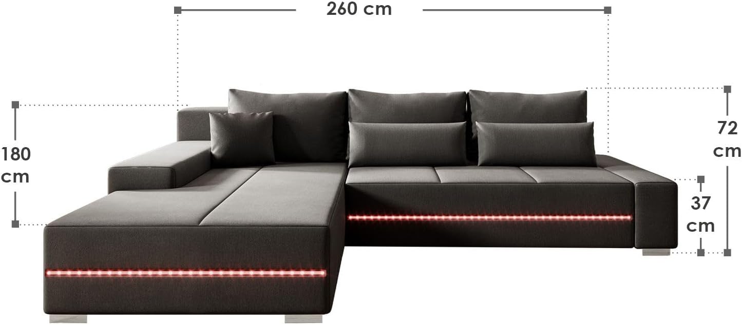 Juskys Sofa Davos Links mit Schlaffunktion - Ecksofa für Wohnzimmer mit Bettkasten & LED - Stoff Schlafsofa L Form Couch Beleuchtung - Dunkelgrau