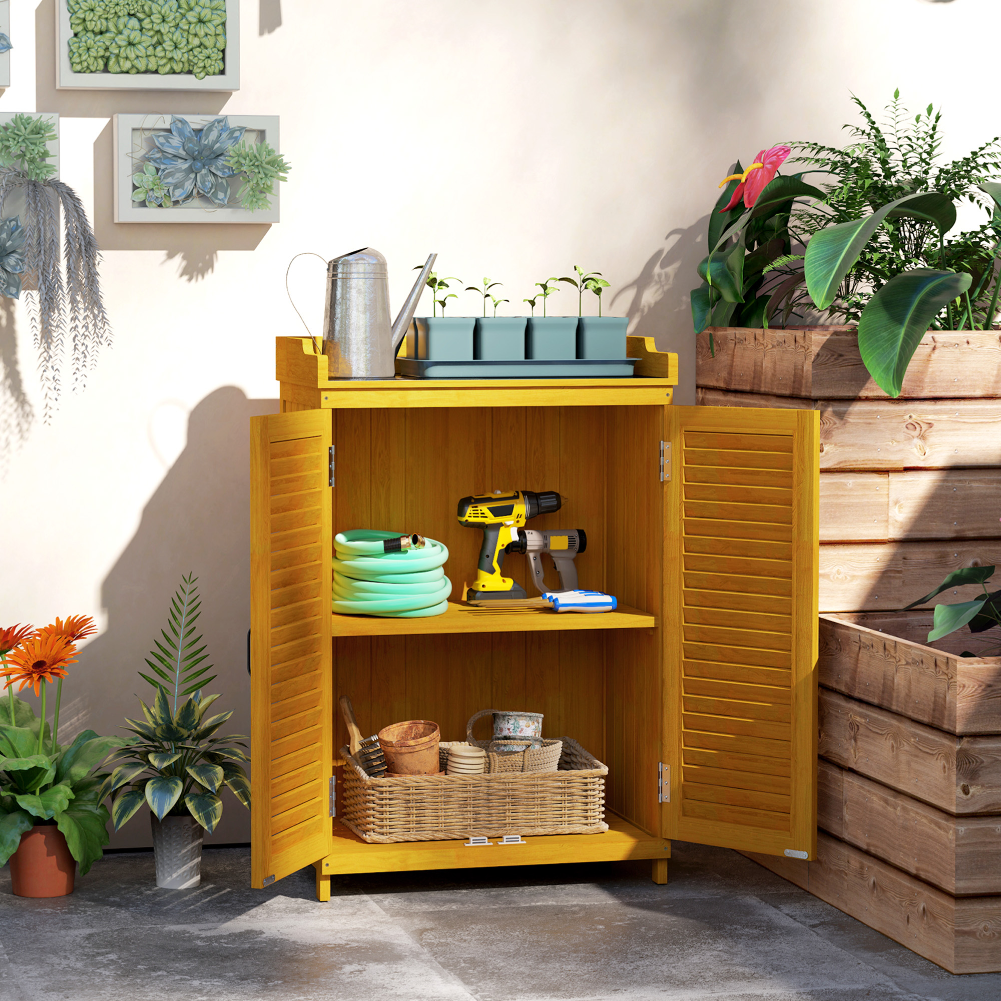 Outsunny Tuinkast van Hout met Werkoppervlak, Weerbestendige Gereedschapskast, 65,5x40x98,5cm Geel