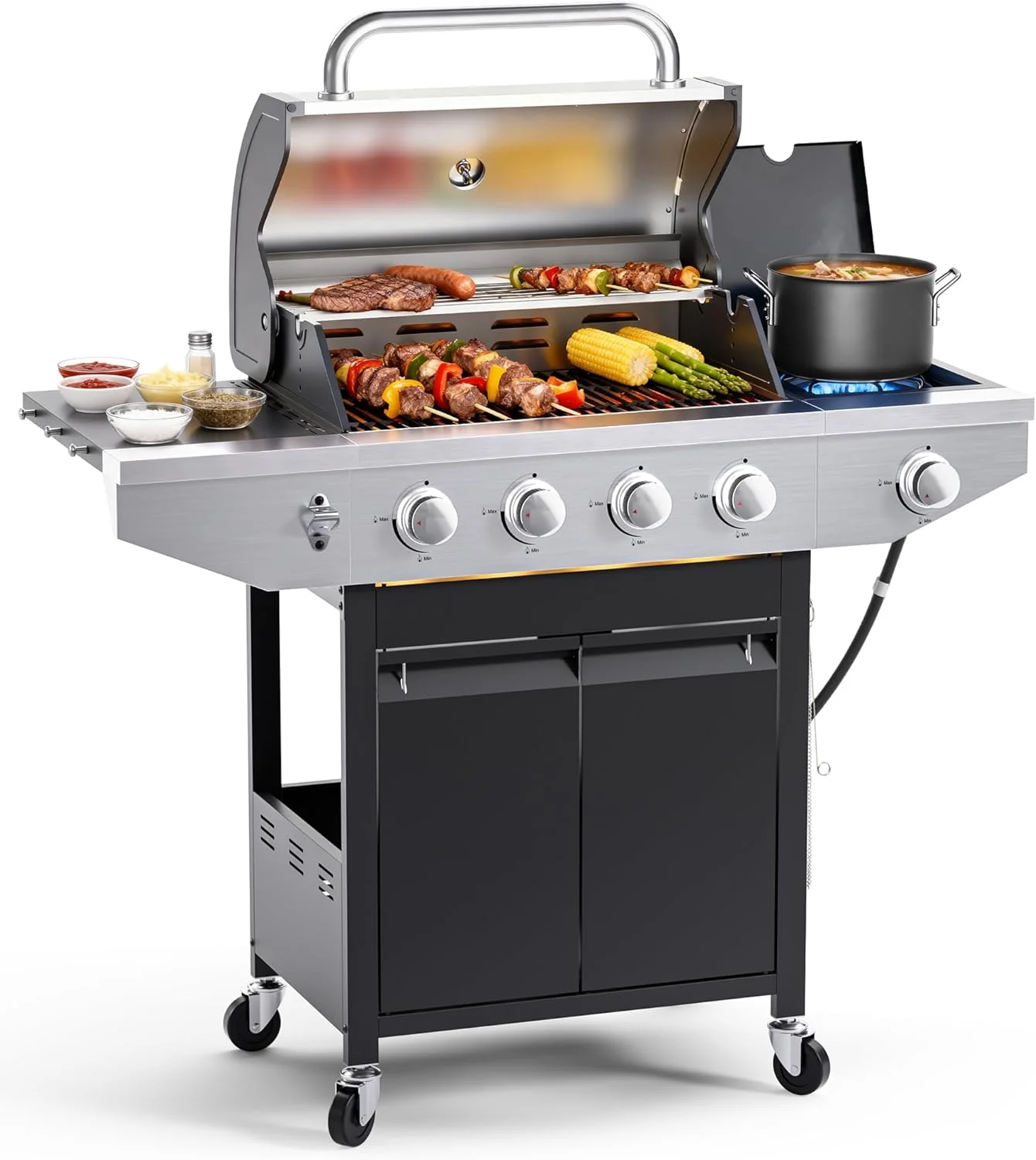 4-Burner Propane Gas BBQ Grill with Side Burner, 46,500 BTU Output Stainless Steel