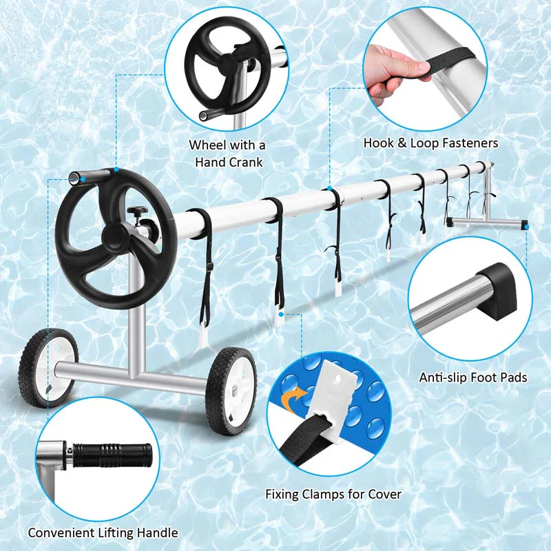 18 Ft Solar Pool Cover Reel Set With Hand Crank Amp Wheels Aluminum Solar Swimming Inground Cover Blanket Reel Roller - High Quality Set For Everyday Use