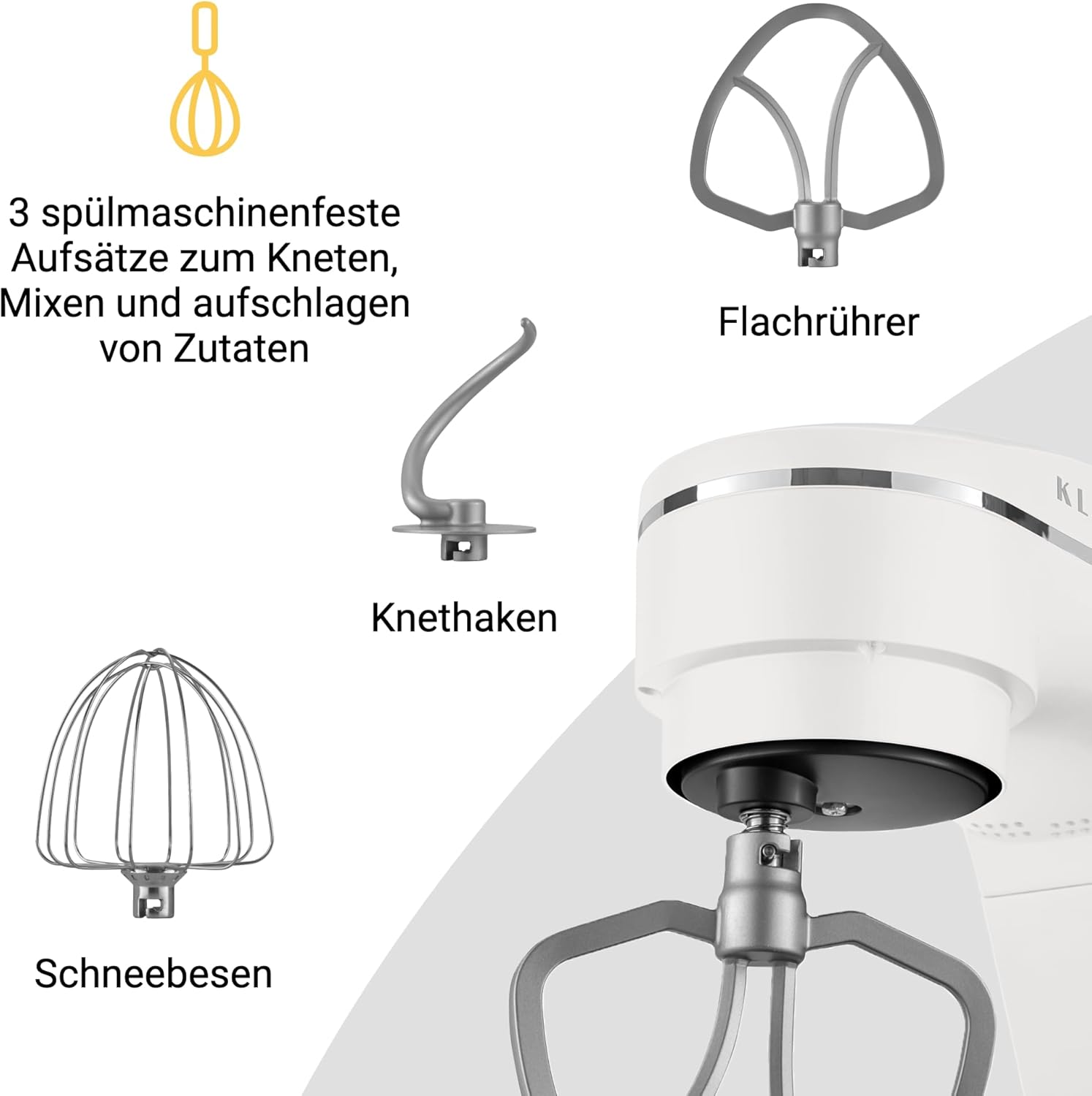 KLAMER Küchenmaschine 1800W, Knetmaschine Brotteig mit Edelstahl-Rührschüssel 6 L, 10 Stufen mit Timer, Planetenrührwerk, Rührbesen, Knethaken, Schneebesen & Sichtdeckel (schwarz)