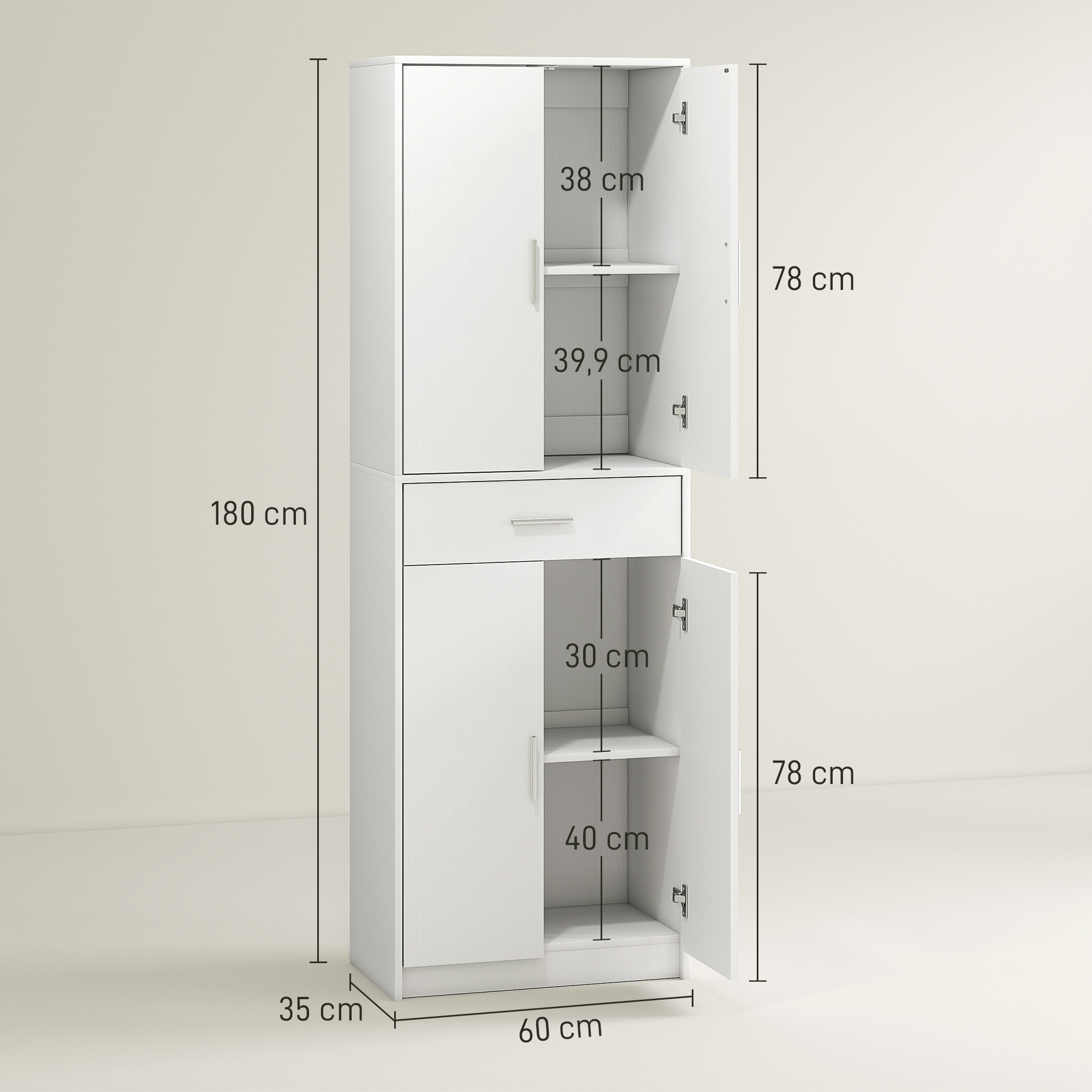HOMCOM Keukenkast, 3-traps verstelbare planken, Spaanplaat, MDF, veel opbergruimte, Wit