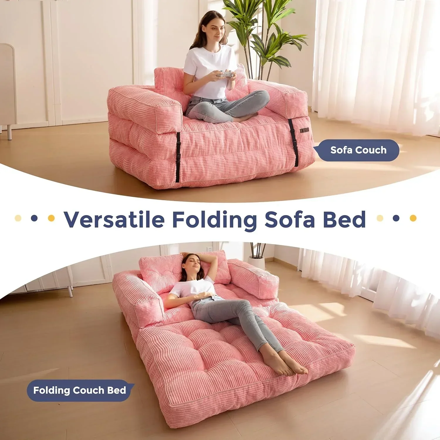 Folding Sofa Bed L-Shaped Convertible Sofa Bed with Armrests and Pillows