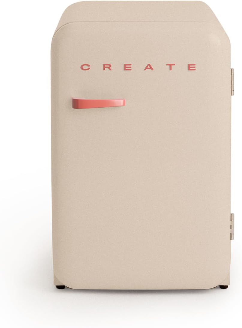 CREATE / RÉTRO FRIGO 83.5 ARGENT/Réfrigérateur sable avec poignée brique / 98W, basse consommation, 2 étagères, régulateur de température, porte-bouteilles, 56x54x84cm.