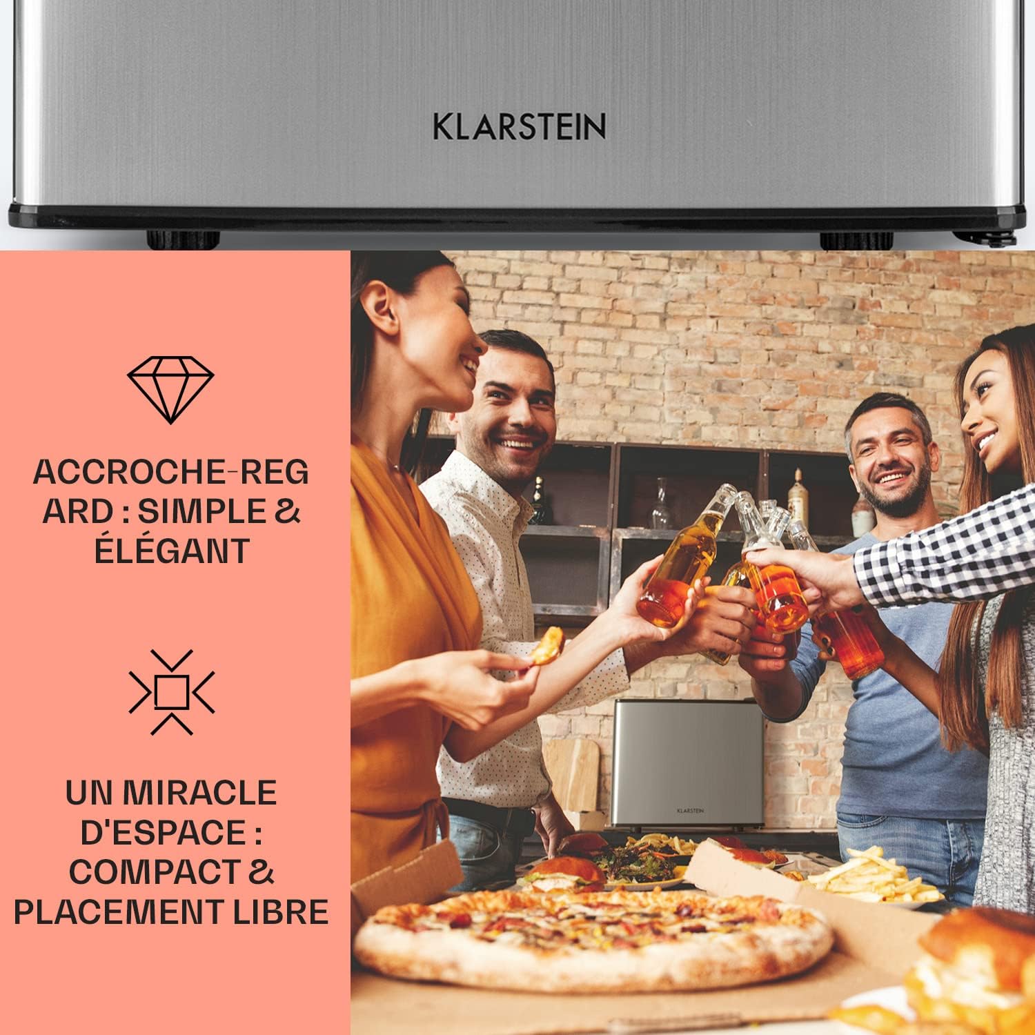 KLARSTEIN Mini Frigo de Chambre pour Boissons, Silencieux, Mini Bar Intérieur, Bières, Vins, Petit Refrigerateur Camping, 3 Niveaux de Refroidissement, Frigo Cosmetique, 0-15°C, 17L