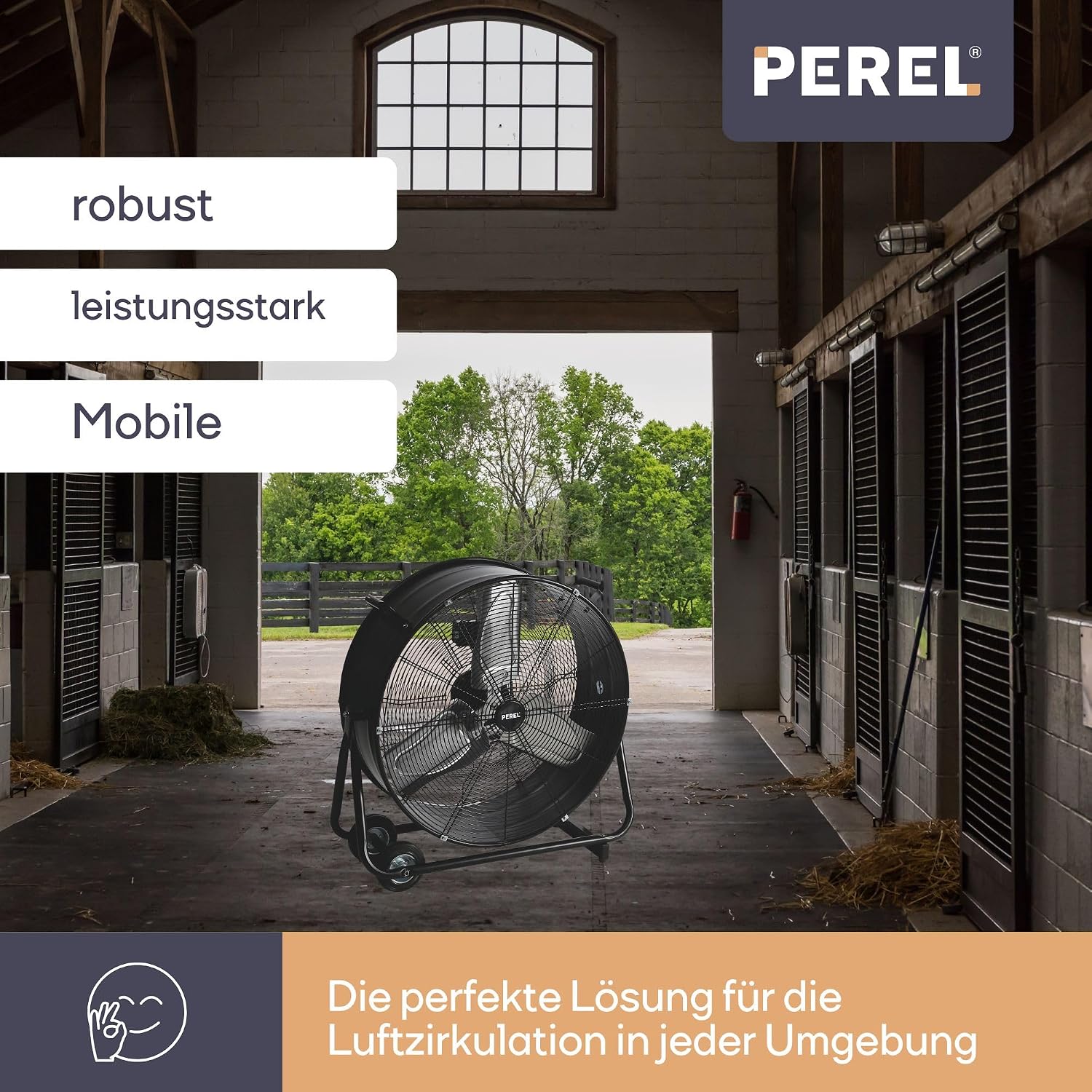 Perel Bodenventilator Ø 60 cm, Trommelventilator, Ventilator groß stark, Windmaschine, Industrieventilator, Trommelgebläse, 2 Geschwindigkeiten, Metall, schwarz, 22.5 kg