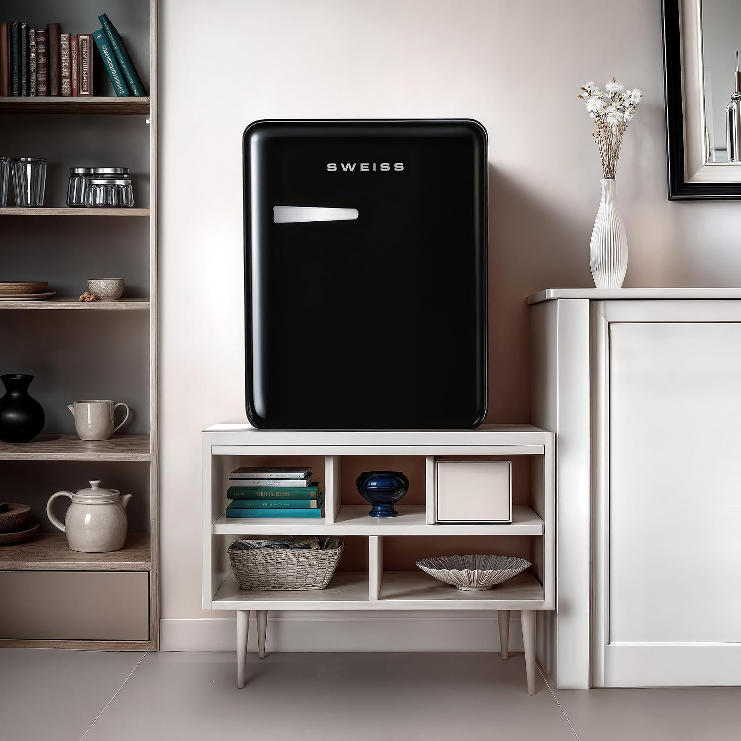 SWEISS Mini Bar Vintage 31L WEISS9, Mini Frigo Compact Design Rétro, Réfrigérateur Silencieux 24 dB pour Chambre, Bureau, Boissons ou Cosmétiques, Température réglable 6°-15°C, Noir