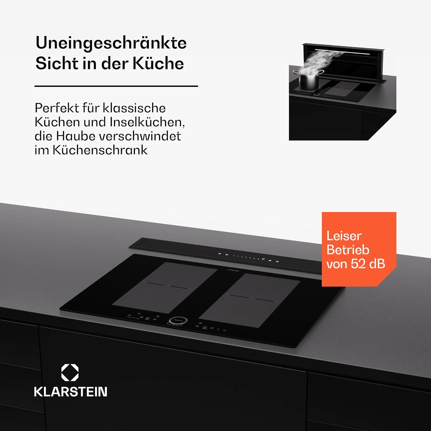 Klarstein Downdraft-Dunstabzugshaube, Versenkbare Abzugshaube, Leise Dunstabzugshauben mit Filter, Dunstabzugshaube 60cm, Umluft/Abluft Dunsthaube mit 10 Stufen, Dunstabzug 576 m³/h Luftstrom