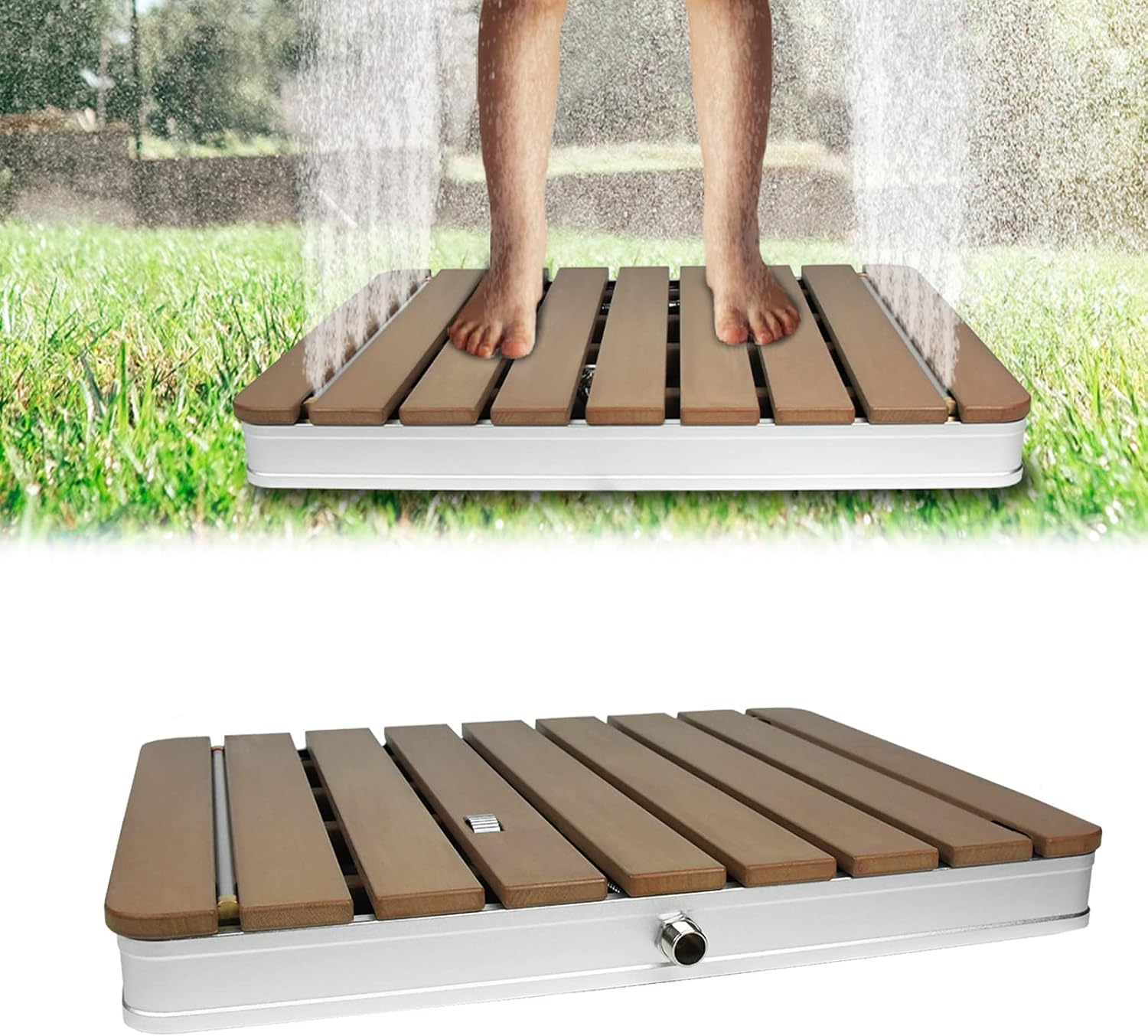 UISEBRT Gartendusche Außendusche aus WPC und Aluminium - Mobile Bodendusche Solardusche Campingdusche - Fontänenhöhe bis 4m einstellbar - für Pool Garten Terrasse (Eckig - Braun)
