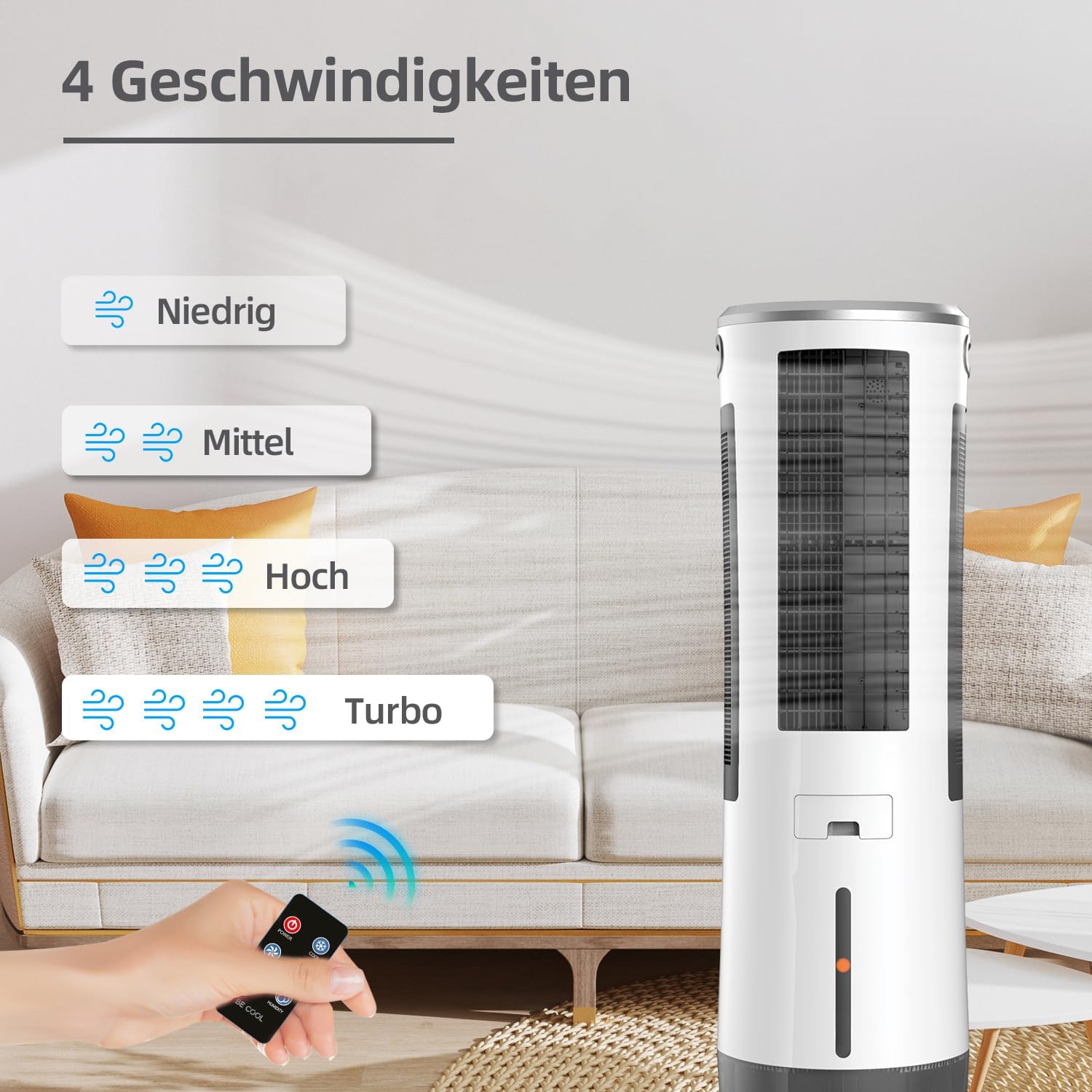 BE COOL 5in1 Luftkühler mit Wasserkühlung - Verdunstungskühler, Ventilator, Luftbefeuchter, Luftwäscher, Mückenabwehr - 110 Watt, 18L Wassertank, Luftumwälzung: 1600m³/h, Fernbedienung, weiß/grau
