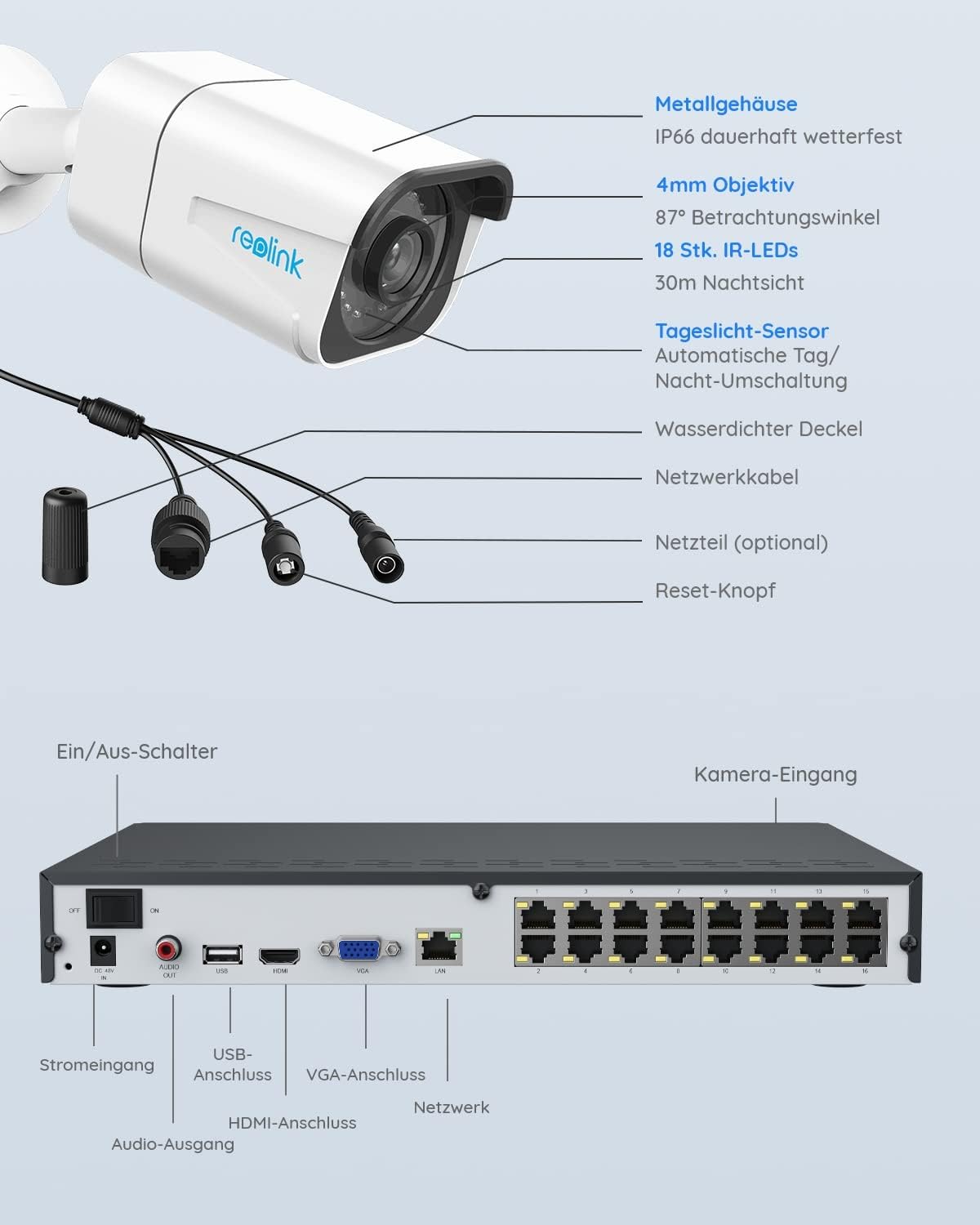 Reolink 4K Überwachungskamera Set, Videoüberwachung mit 8X 8MP PoE IP Kamera und 16CH 4TB HDD NVR, Personenerkennung und Fahrzeugerkennung, IP66, 30M IR Nachtsicht für Aussen, Innen, RLK16-800B8