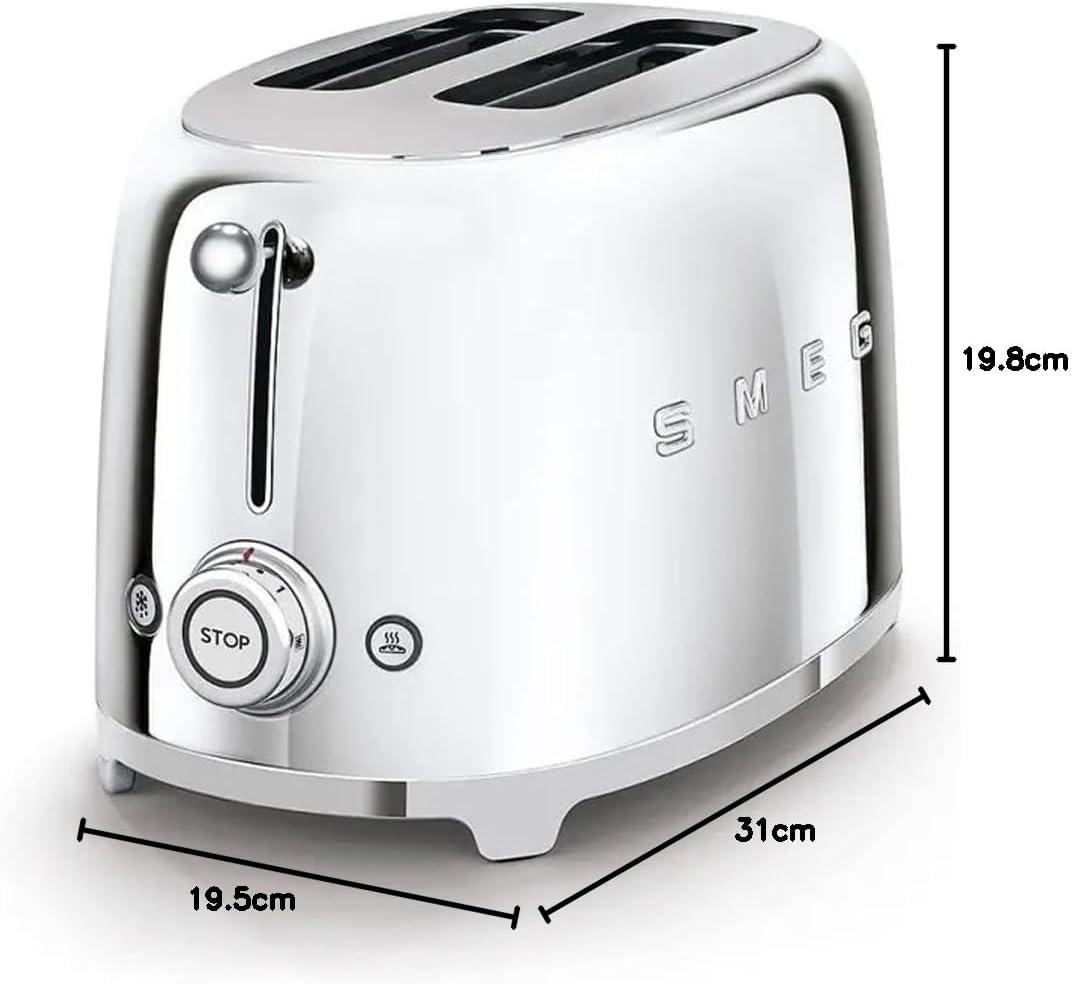 Smeg, 2x2 TSF01SSEU -Toaster, 2 Schlitze für 2 Scheiben, 6 Vergoldungsniveaus, Heizfunktion, Abtau- und Bagel- Funktion, Sammelschublade, 950W, Chrom