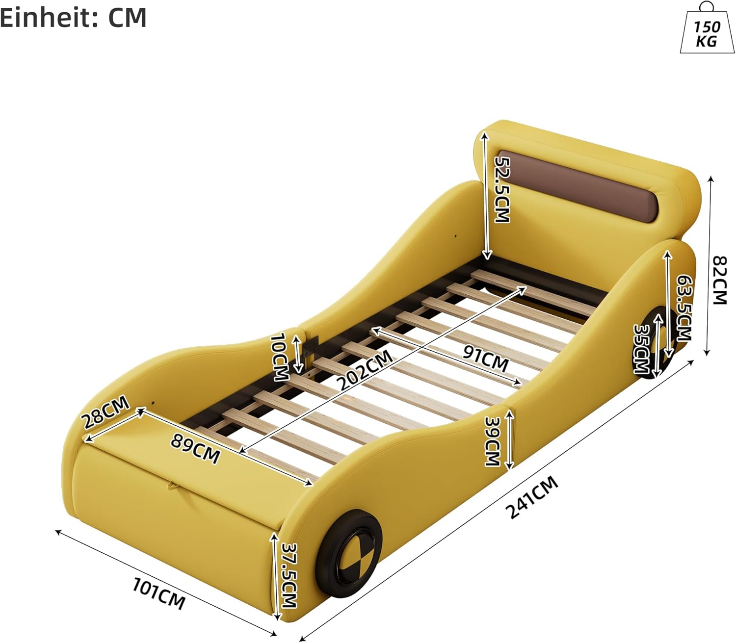 Autobett Kinderbett Jugendbett 90x200, Polsterbett Einzelbett mit leuchtenden Rädern&Stauraum, Aufregendes Auto Kinderbett für kleine Rennfahrer, Kinder Spielbett mit Lattenrost, PU,Ohne Matratze,Gelb
