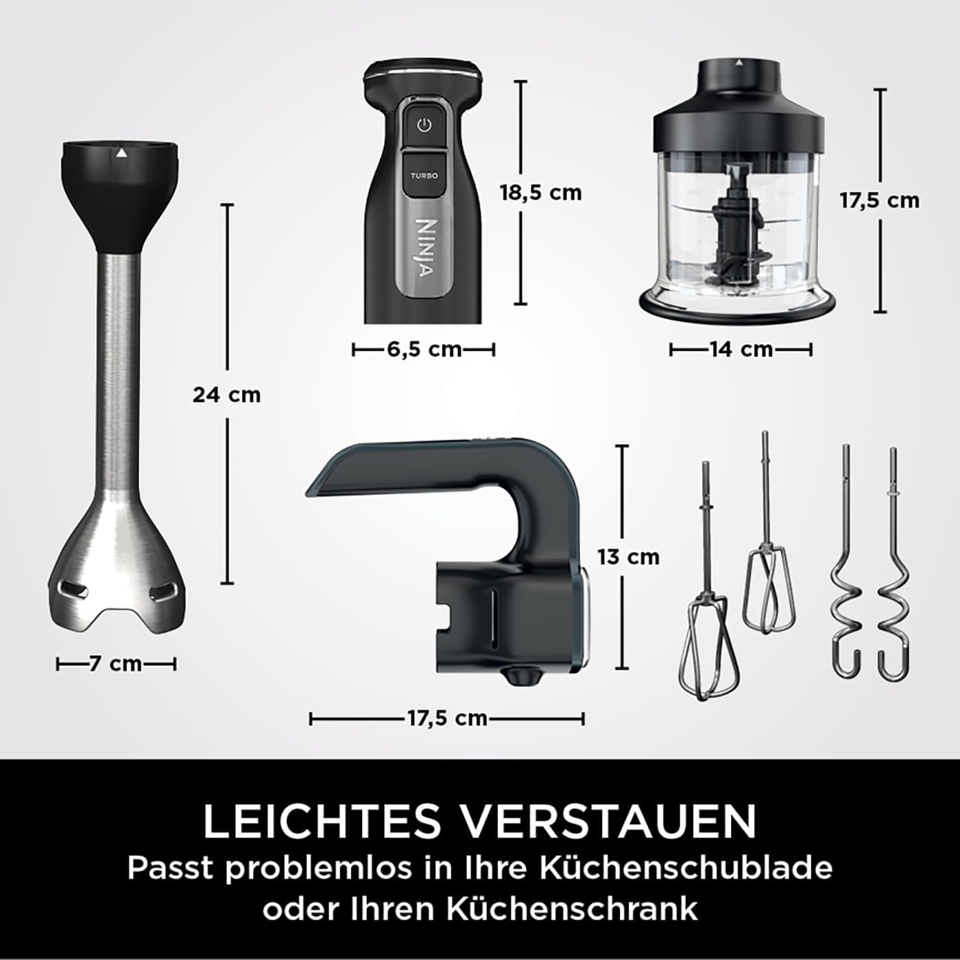 Ninja Foodi 3-in-1 Stabmixer, Handmixer & Zerkleinerer, Stufenweise Anlauf, 2 Misch- und 5 Rührgeschwindigkeiten zum Zerkleinern, Mischen, Kneten und mehr, spülmaschinenfest, 850W, Schwarz CI100EU