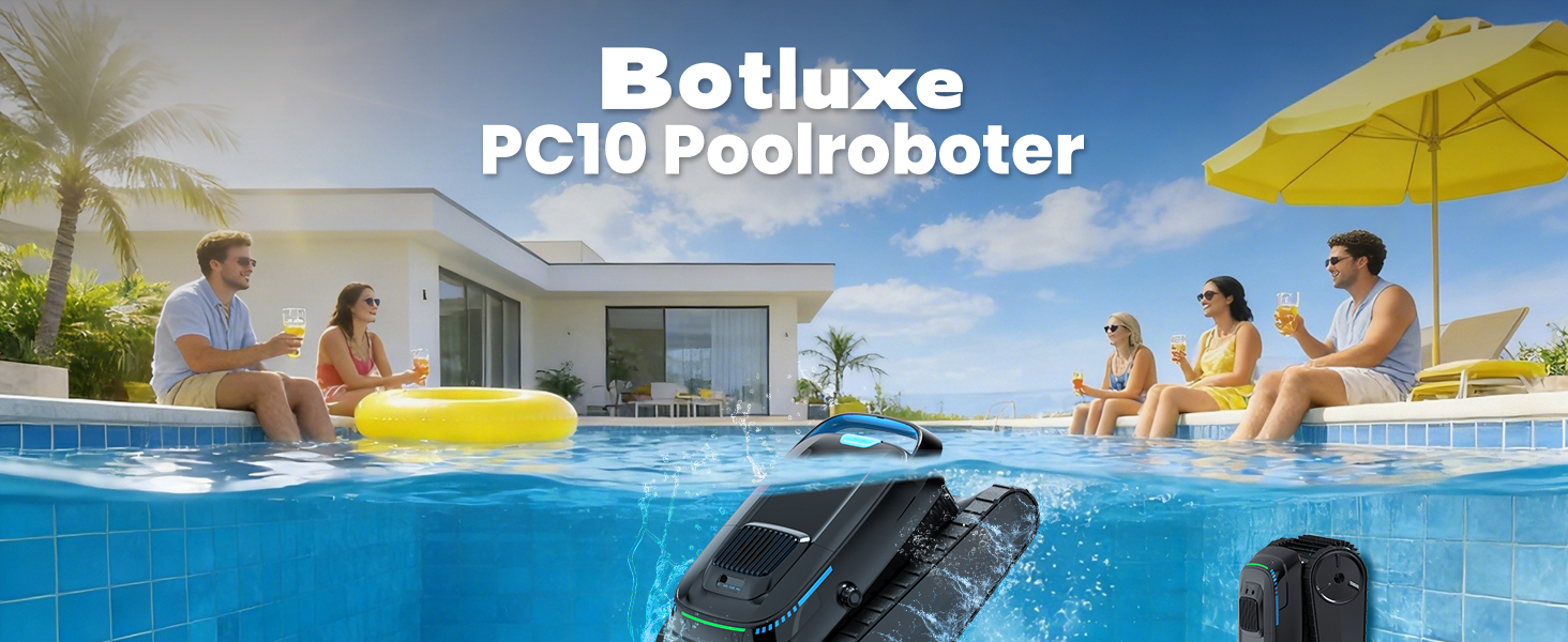 Der Text lautet: 'Botluxe PC10 Poolroboter'. Mehrere Bilder zeigen den Poolreinigungsroboter in Betrieb mit Blick unter Wasser und am Pool.