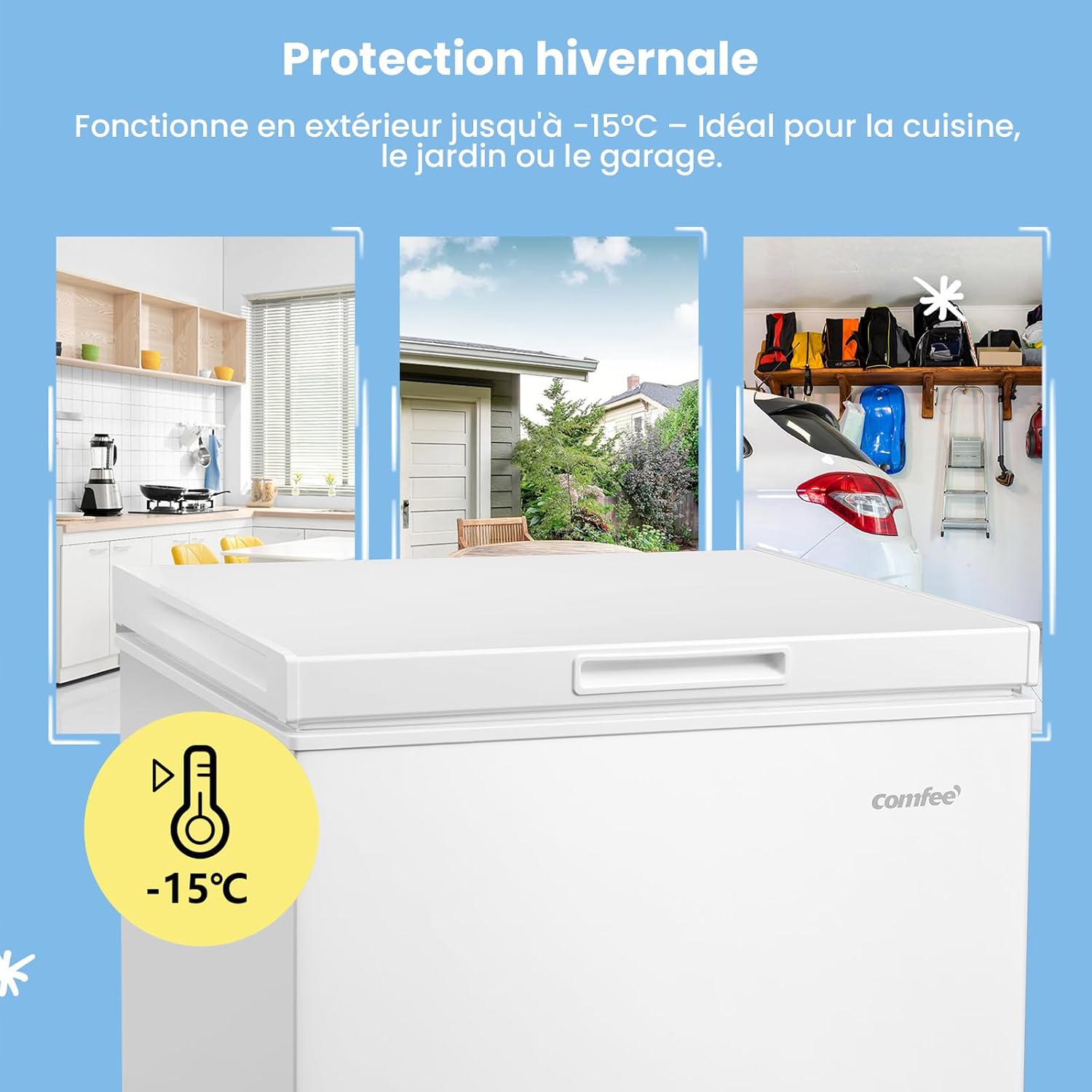 COMFEE' 99L Congelateur Coffre, Conversion Congélateur/Réfrigérateur, Blanc | Congélateur Coffre Autonome, Compresseur Inverter, Congélateur 4 Étoiles, Pour Dépendances/Garages
