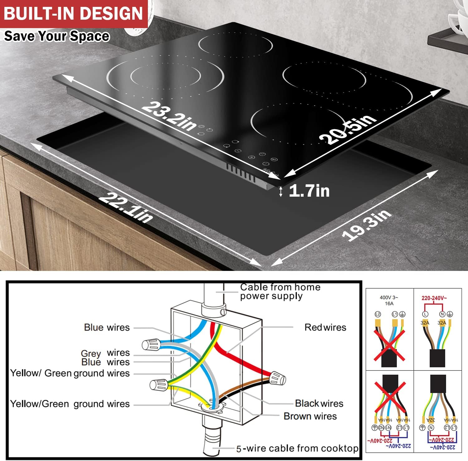 Glaskeramikkochfeld 4 Zonen Kochfelder Sensor-touch Control Kochfeld Autark 60cm, 6000W, 9 Leistungsstufe, verkabelt, kein Stecker