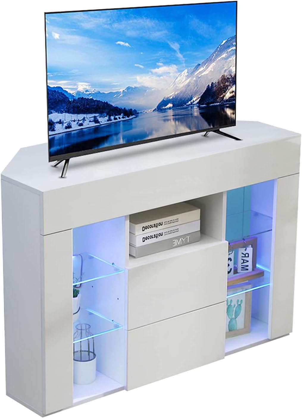 Dripex TV Lowboard Eckschrank mit LED Beleuchtung Weiß Hochglanz Fernsehschrank Eckkommode Fernsehtisch TV Schrank 100x68x40 cm (Weiß)