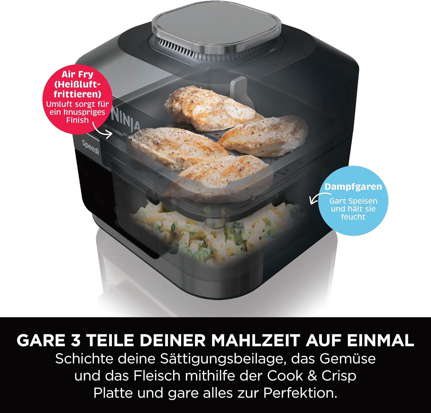 Ninja Speedi Multikocher, 5,7L, 12-in-1 Multicooker, Air fryer Heißluftfritteuse, Slow Cooker Langsamkochen, Grillen, Backen, Schwarz ON500EU